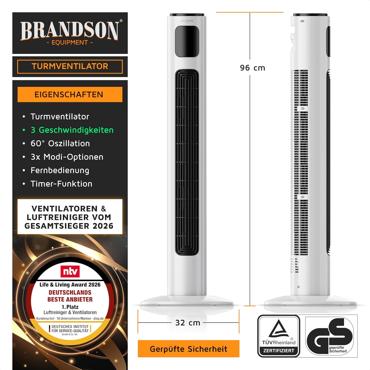 Brandson - Turmventilator mit Fernbedienung 96 cm - Preisträger 2026 - mobiler Lüfter leise - Standventilator mit Oszilation - 3 Geschwindigkeiten 3 Modi - Timer - Ventilator - GS - Perlweiß