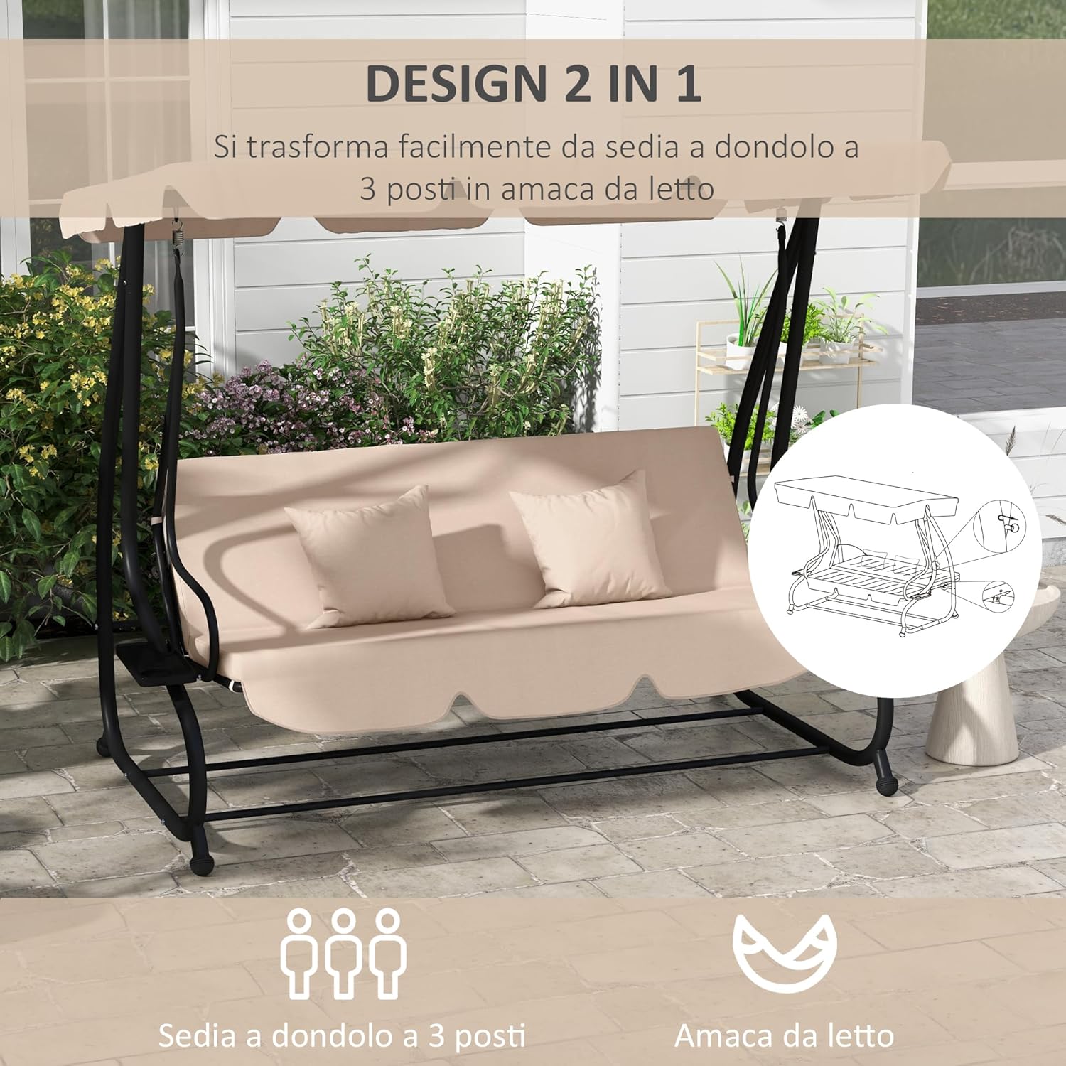 3 Seater Garden Swing Bed with Adjustable Roof and Tray 200 x 120 x 164 cm Light Brown