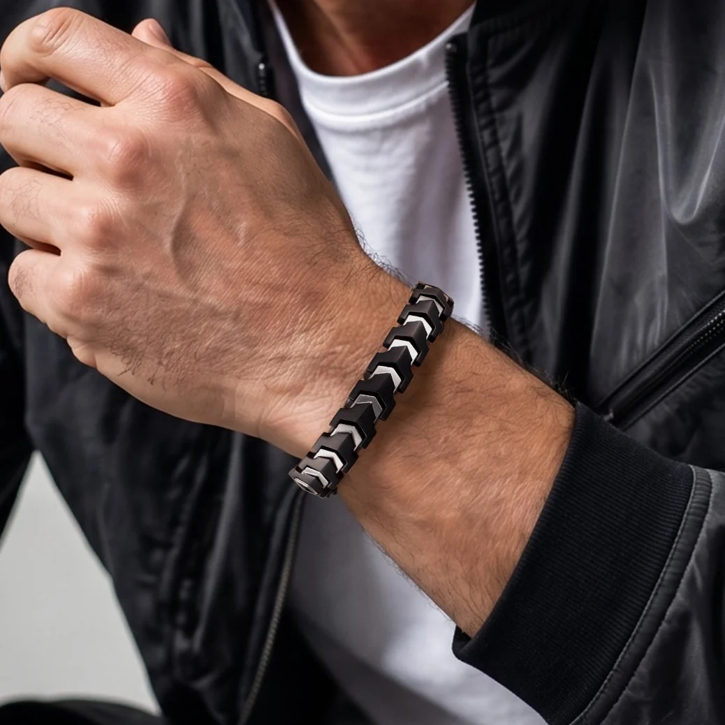 RainSo Men's Strength 3800 Gauss Magnetic Bracelet (Black Silver)