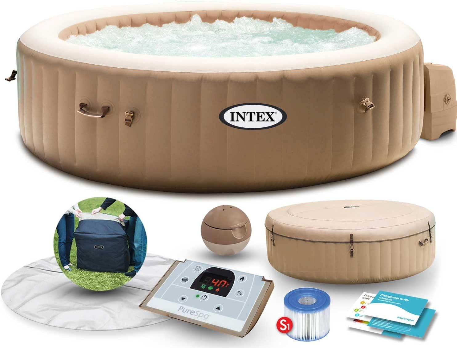 Intex, Whirlpool Pure Spa Bubble Massage - Vasca idromassaggio, Ø 216 cm x 71 cm, per 6 Persone, capacità 1098 l, Beige 28428
