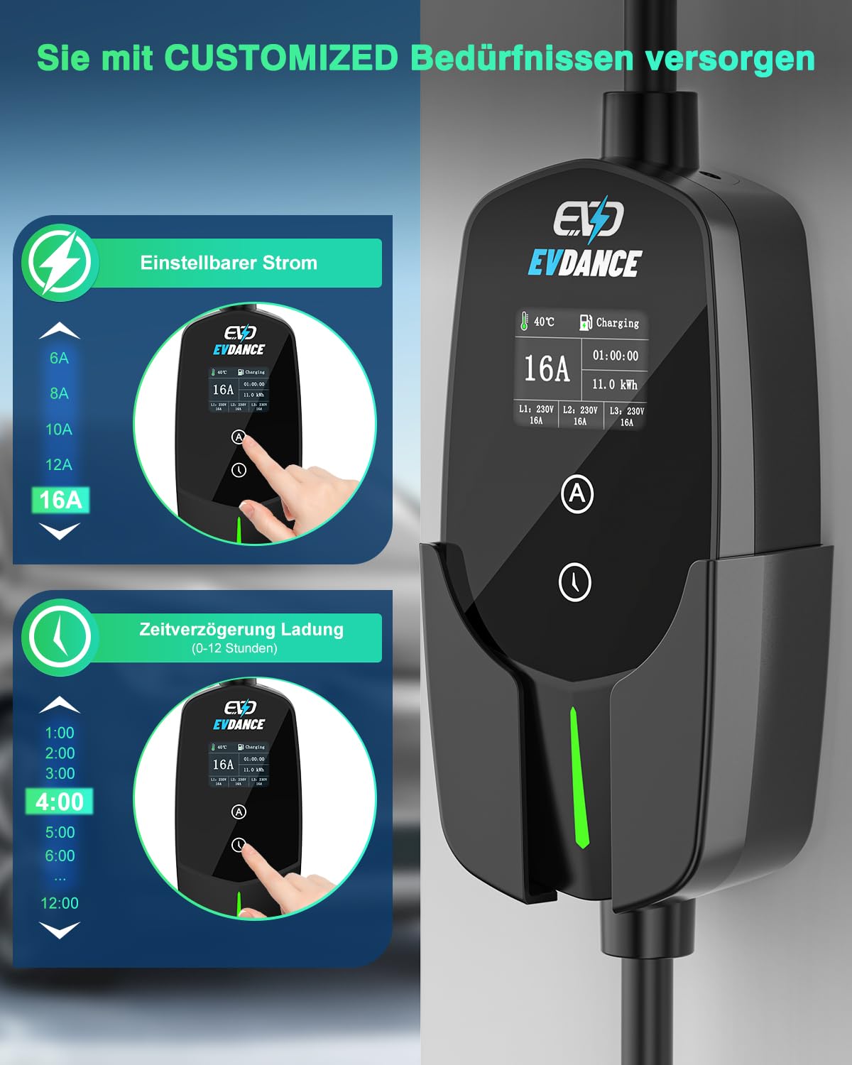 Mobile Wallbox 11 kW mit Typ-2-Ladekabel und CEE 16A Anschluss, einstellbarer Ladestrom 6-16 A