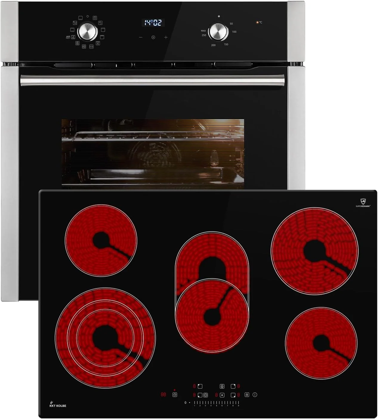 KKT Backofen, 8700 W, Schwarz, KOLBE Herdset SET8810CH77RL, und Glaskeramikkochfeld
