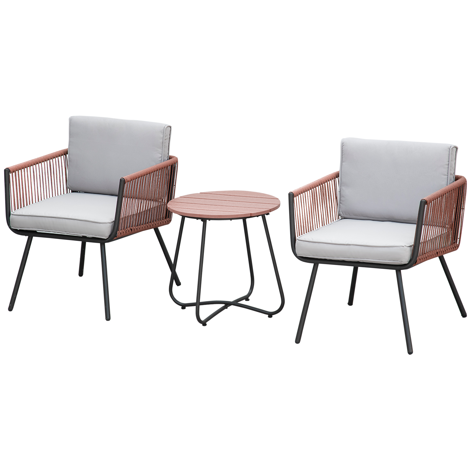 Outsunny Gartenmöbel-Set aus Kunst-Rattan 3-teilig, Stahlrahmen, 2 Sessel + Couchtisch, inkl. Kissen, Teak Grau Orange