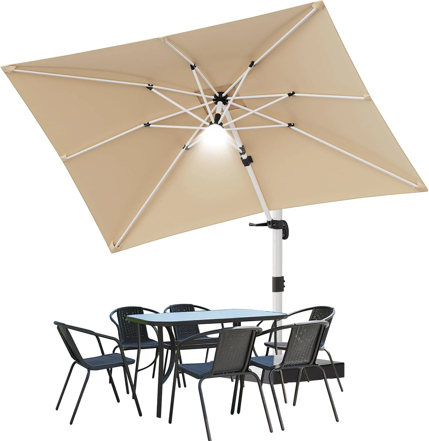 Devoko Markise, 300x400x260 cm, Beige, Alu Sonnenschirm Balkon Ampelschirm Doppeldach mit LED, Wasserabweisend Gartenschirm mit Kurbel