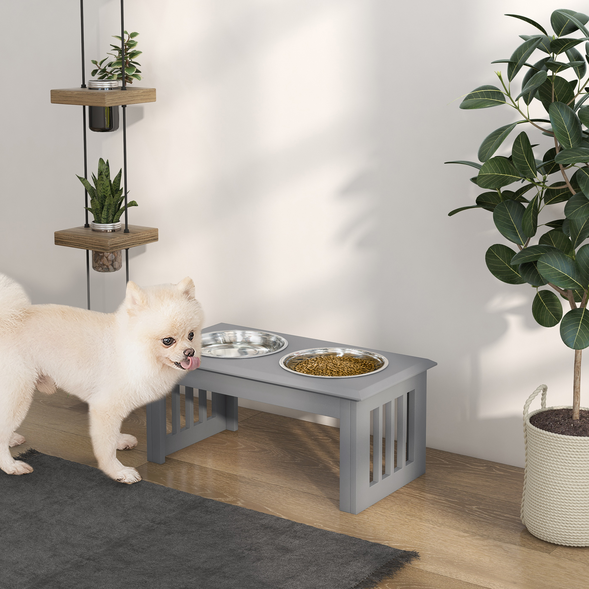 PawHut Hunde-Futterstation, 2 Edelstahlnäpfe, rutschfest, 58,4x30,5x25,4cm, Grau
