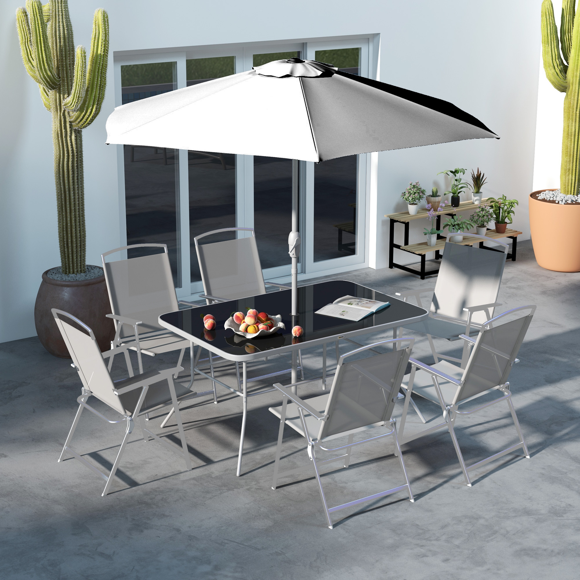 Outsunny Gartenmöbel-Set 8-teilig mit großem Sonnenschirm, Tisch und klappbaren Stühlen - Epoxid-Stahl, Textilene, Polyester in Grau