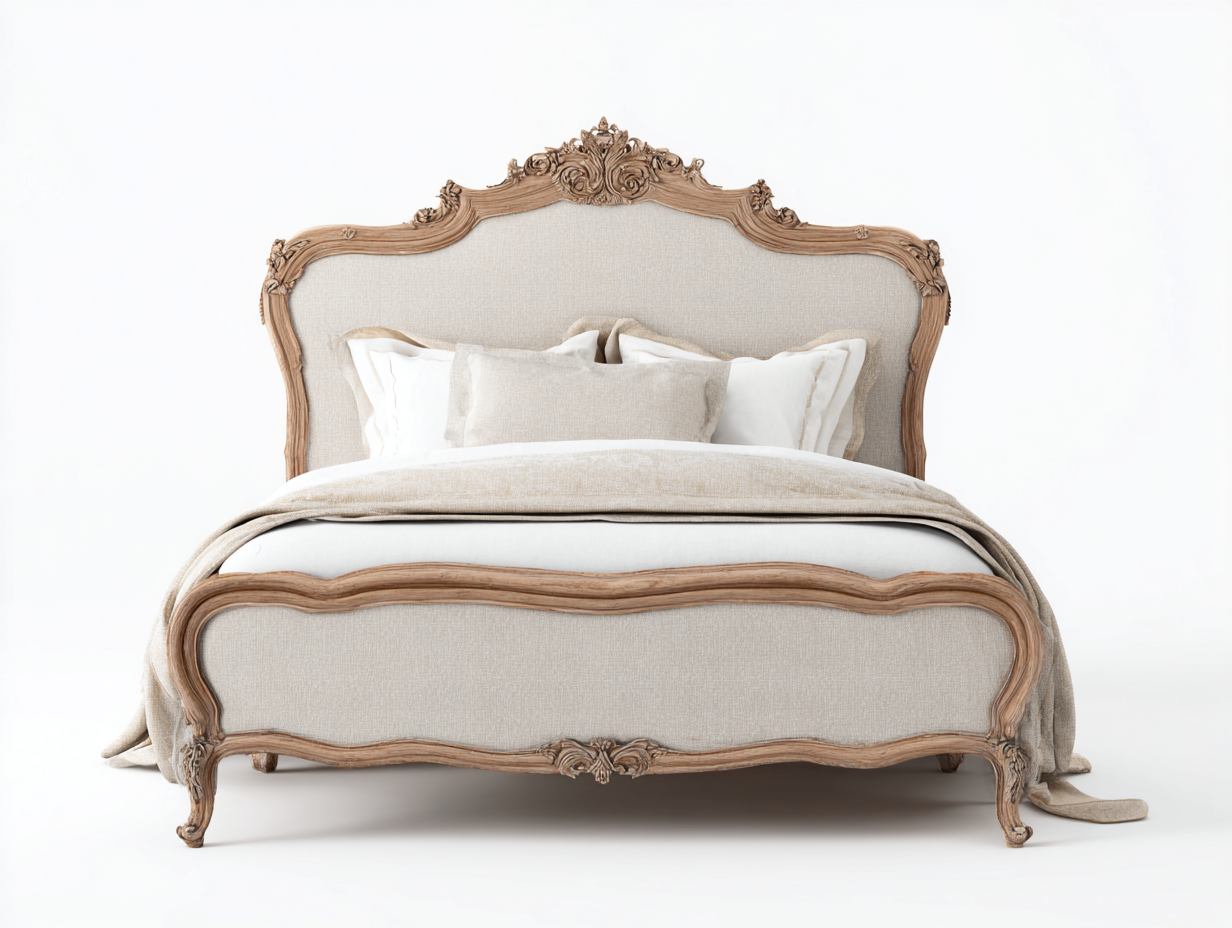 Letto matrimoniale legno/tessuto 200x160x125 cm - beige/legno naturale - per camera da letto - stile francese