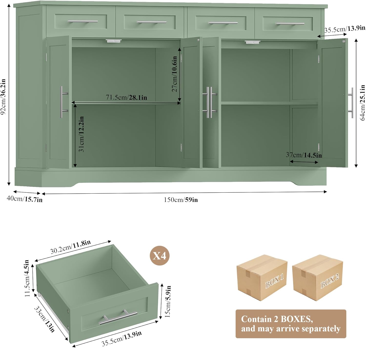 HOCSOK Credenza Cucina, 150 cm Madia Cucina con 4 Cassetti 4 Ante, Credenza Soggiorno con Maniglie in Metallo per Soggiorno, sala da pranzo, Ingresso, Mobile TV, 150×92×40 cm