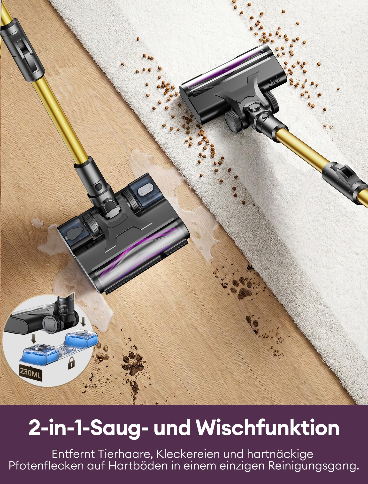 Akku-Staubsauger U20 mit Wischfunktion 60 kPa 580 W 60 Min. Laufzeit 65 cm Flexgelenk 250 ml Wassertank Anti-Tangle-Bürste HEPA-Filter