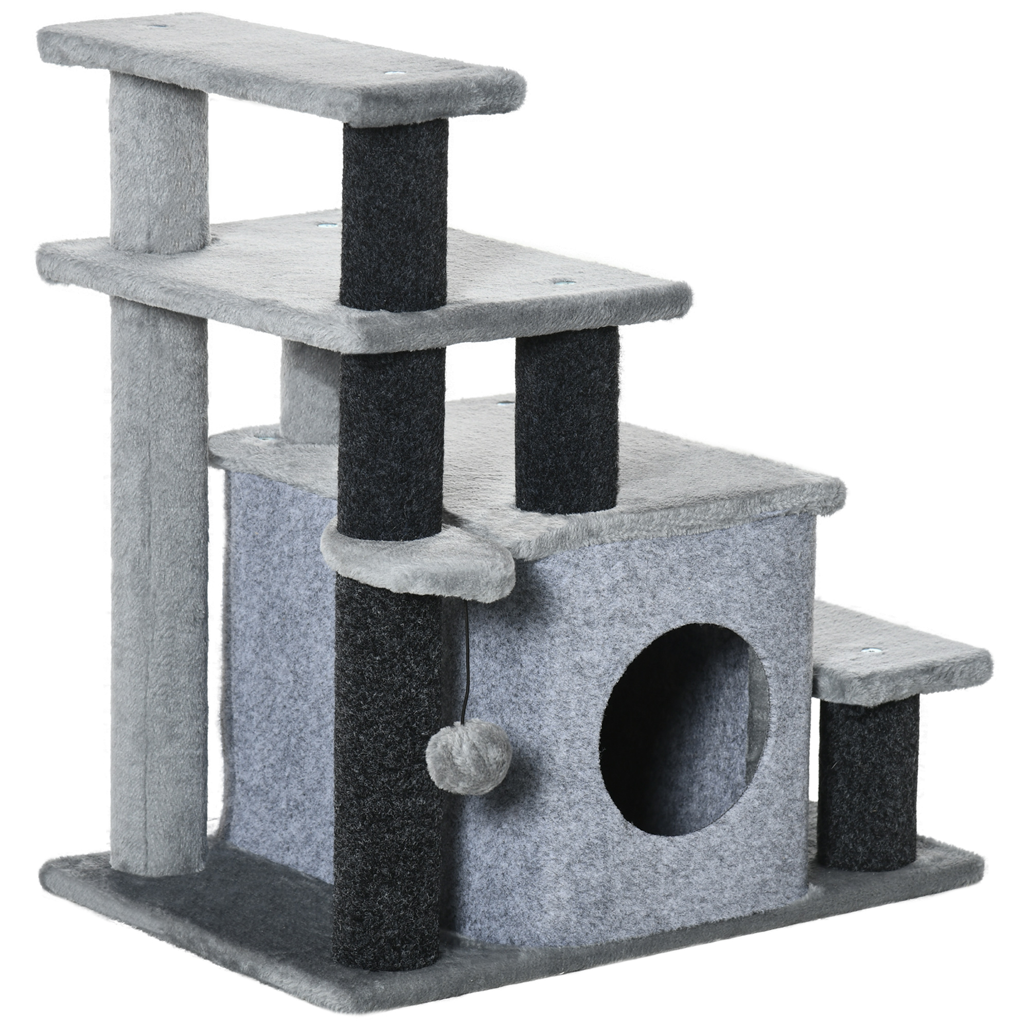 PawHut Kratzbaum, Tiertreppe, 4 Stufen, Spielball, Häuschen, höhenverstellbar, schwarz+grau, 60 x 40 x 66 cm
