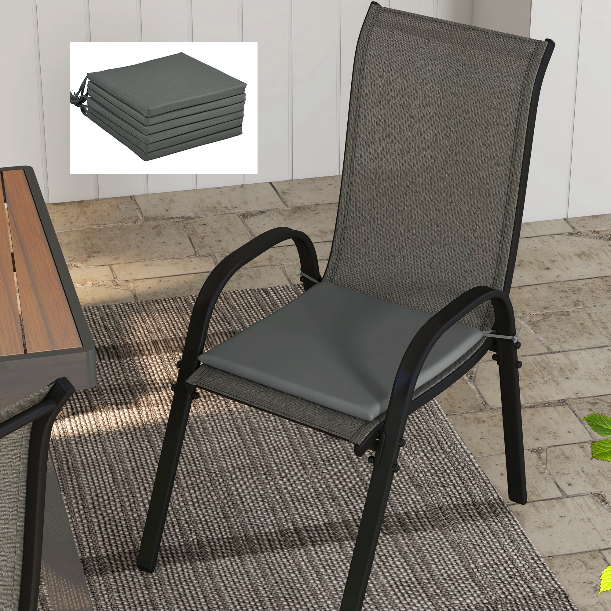 Outsunny Set mit 6 Gartenstuhlkissen Outdoor Polsterung 3 cm Polyesterstoff Maße 42L x 42B cm Dunkelgrau
