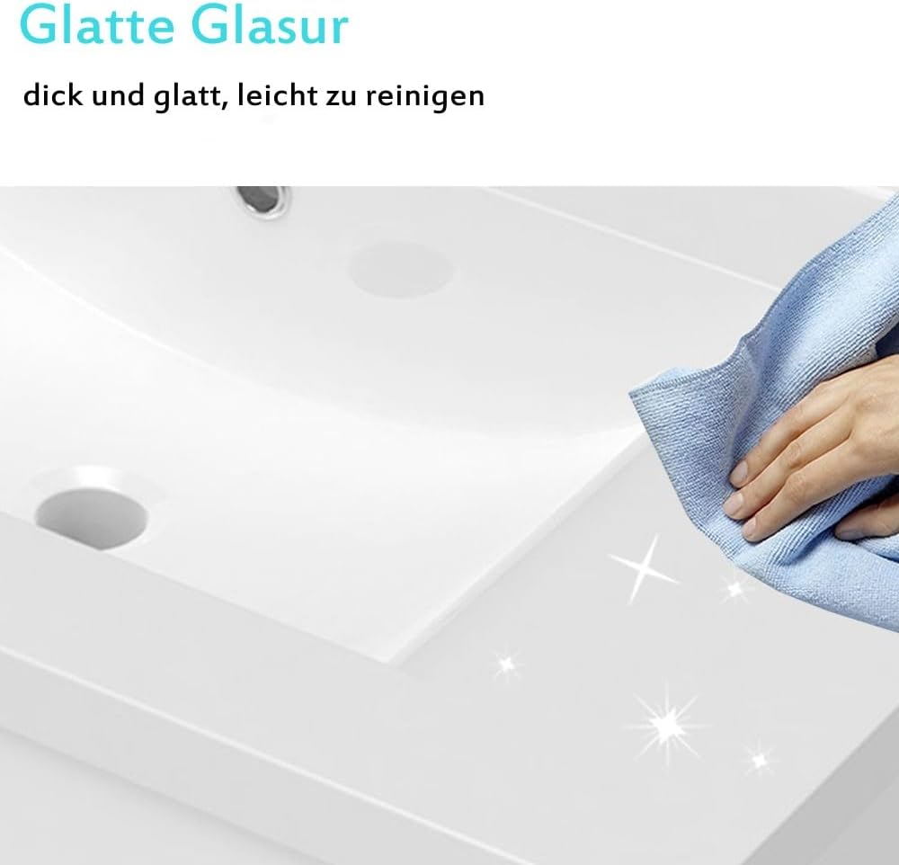Badezimmermöbel 80cm Keramik Waschtisch mit Unterschrank Badmöbel Set Badezimmerschränke mit 2 Soft-Close Schubladen Hochglanz Weiß