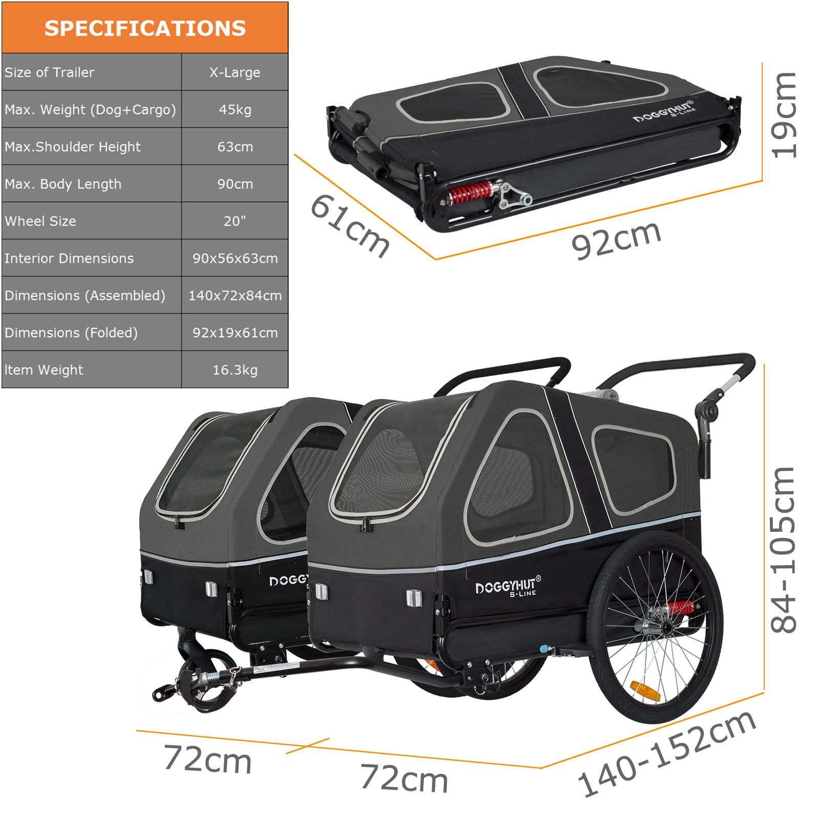 Hundeanhänger & Hundebuggy S-Line XL mit Federung, 2 in 1 Fahrradanhänger und Jogger bis 45 kg