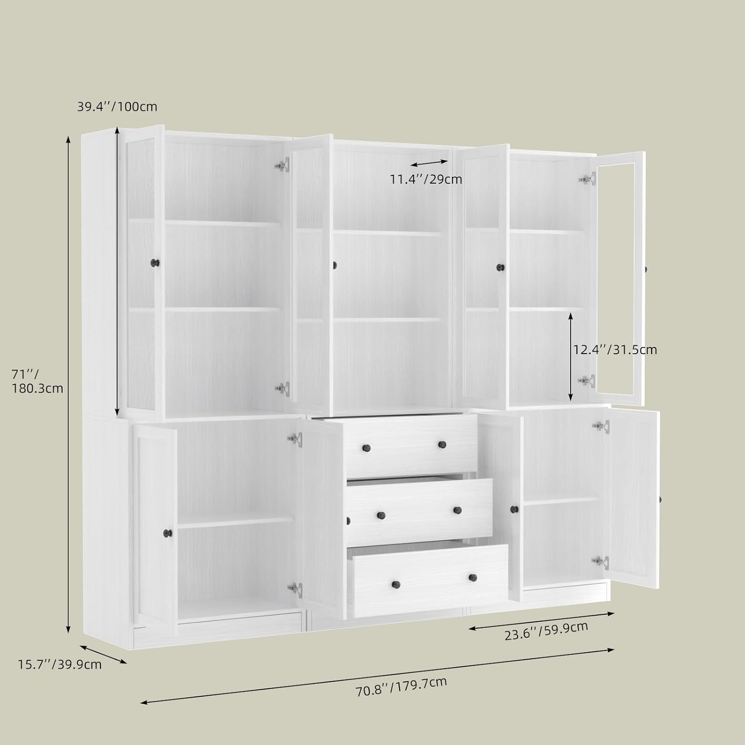 VOWNER Libreria con Ante in Vetro, 180cm Libreria Espositiva Alta, Mobile Vetrina Soggiorno con Cassetti, Armadietto con Vetrina Armadietto Laterale per Soggiorno, ABA (Bianco)