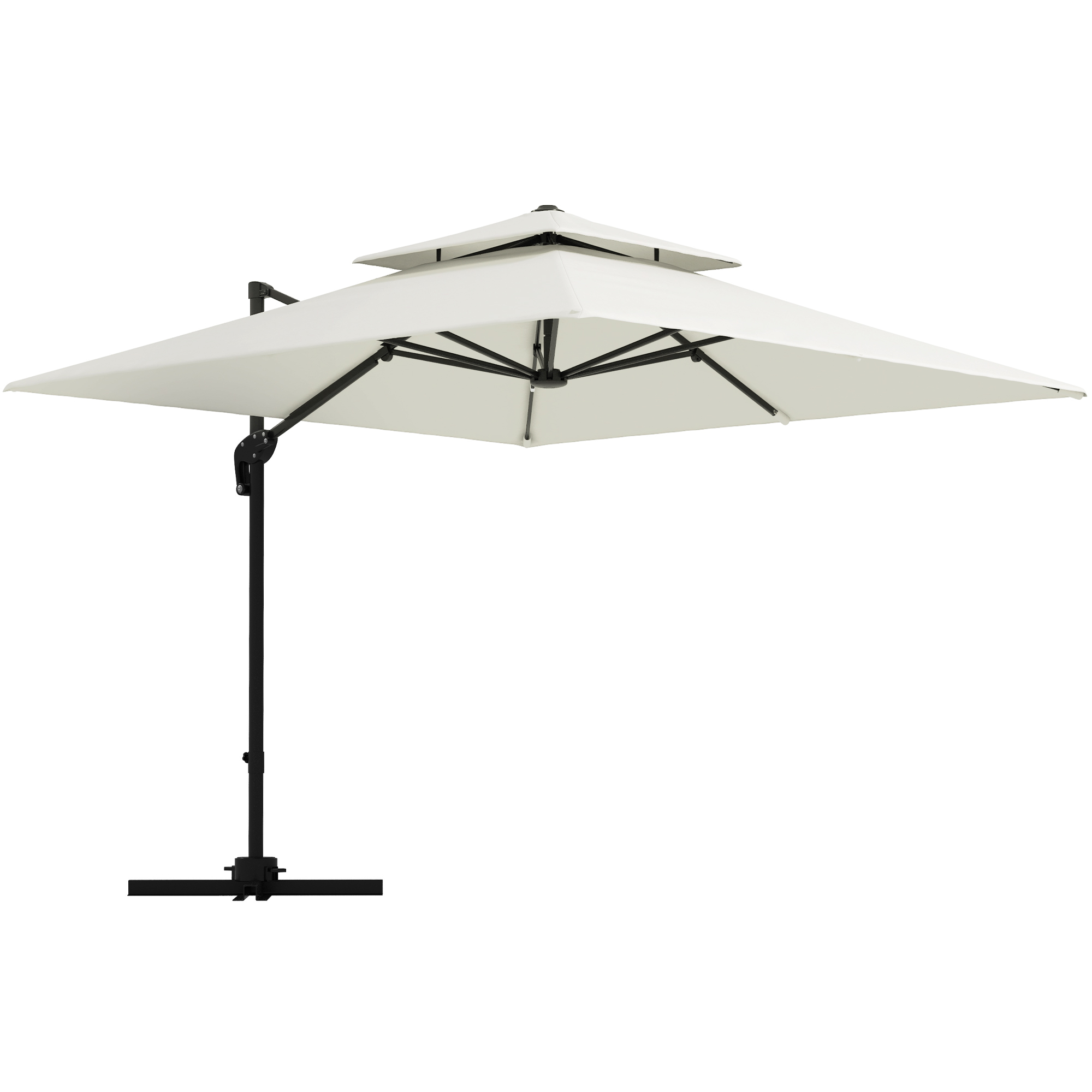 Outsunny Versetzter quadratischer Sonnenschirm 3 x 3 m mit doppeltem Dach, neigbar, schwenkbar, Kurbel, inkludiertes Gegengewicht, Metall, Polyester Beige