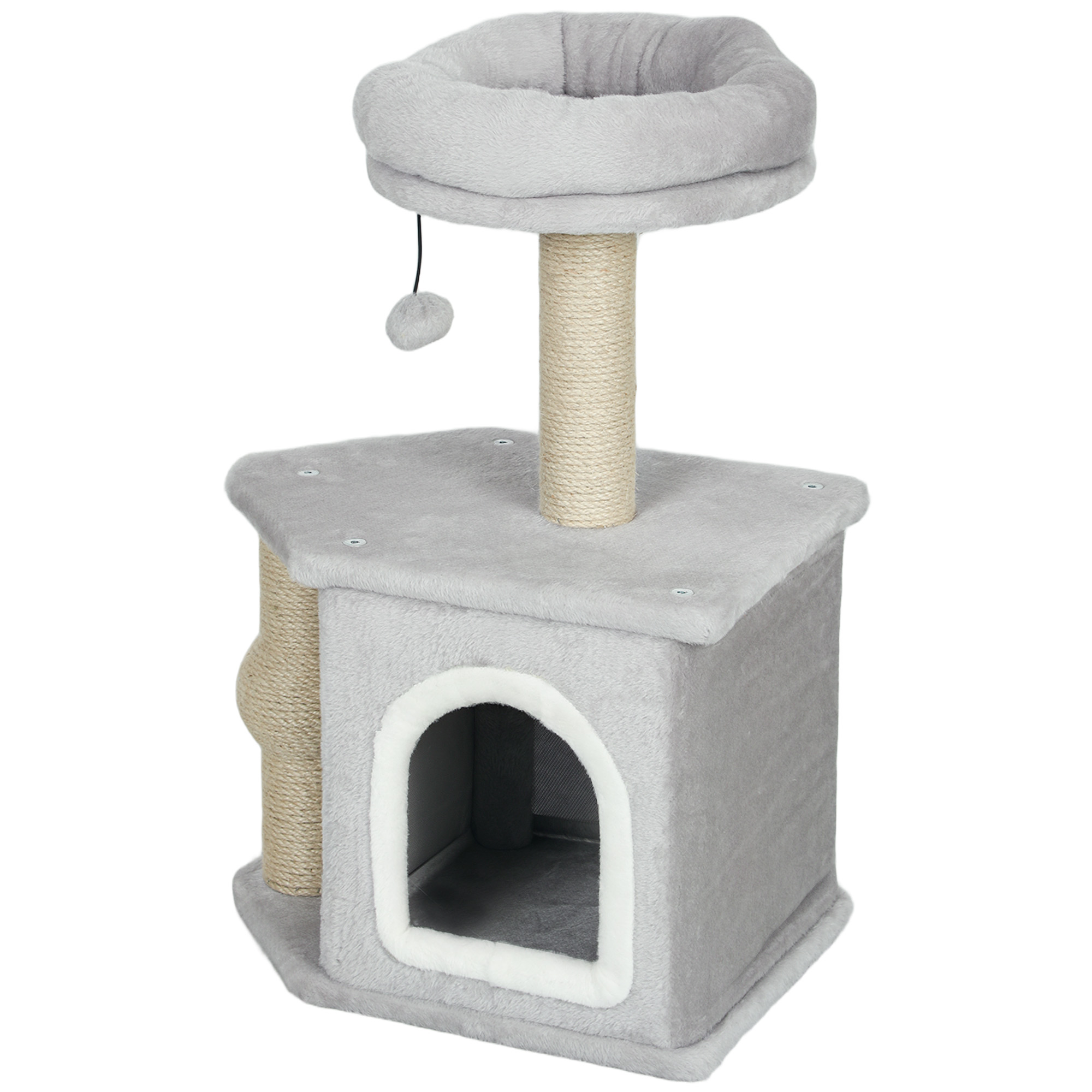 PawHut Katzenbaum Spielzeugturm für Katzen, mit Kratzsäulen, Katzenbett-Haus, 42 x 30 x 66 cm Hellgrau