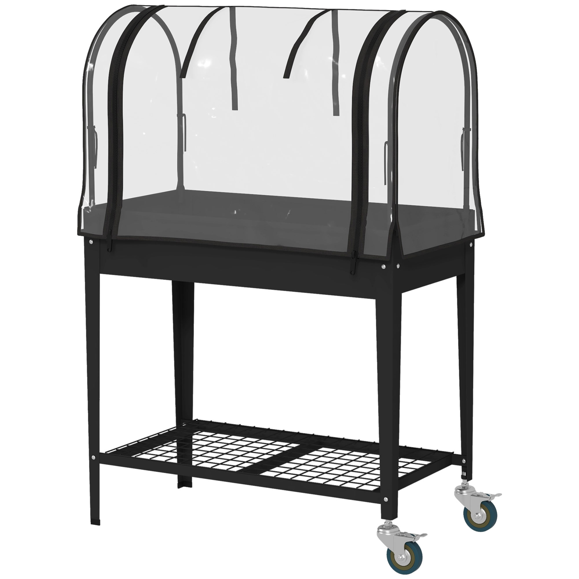 Outsunny Erhöhte Pflanzschale mit transparenter Abdeckung, 2 Rädern und 1 unterer Ablage, Maße 80L x 40B x 120H cm