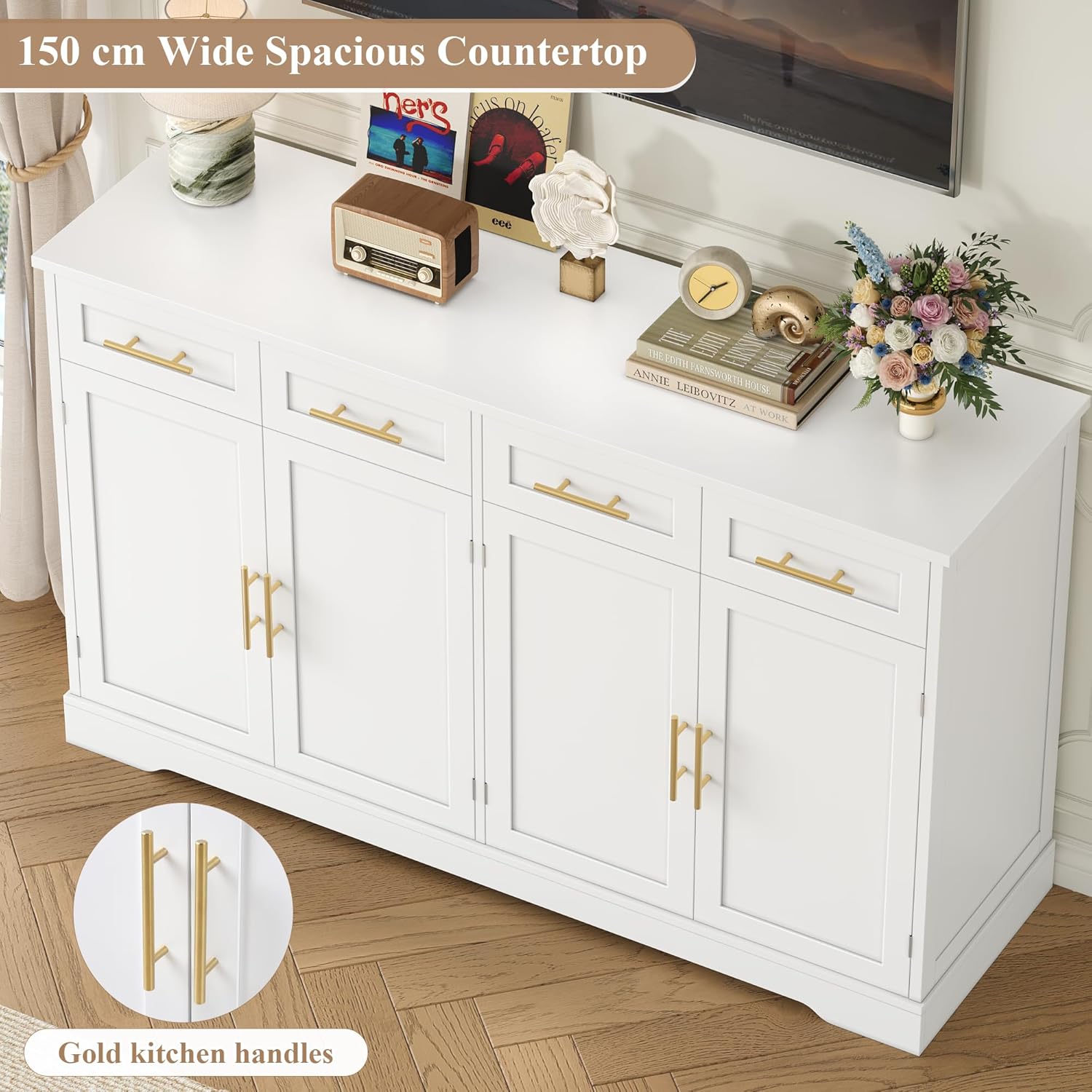 HOCSOK Credenza Cucina, 150 cm Madia Cucina con 4 Cassetti 4 Ante, Credenza Soggiorno con Maniglie in Metallo per Soggiorno, sala da pranzo, Ingresso, Mobile TV, 150×92×40 cm, Bianco