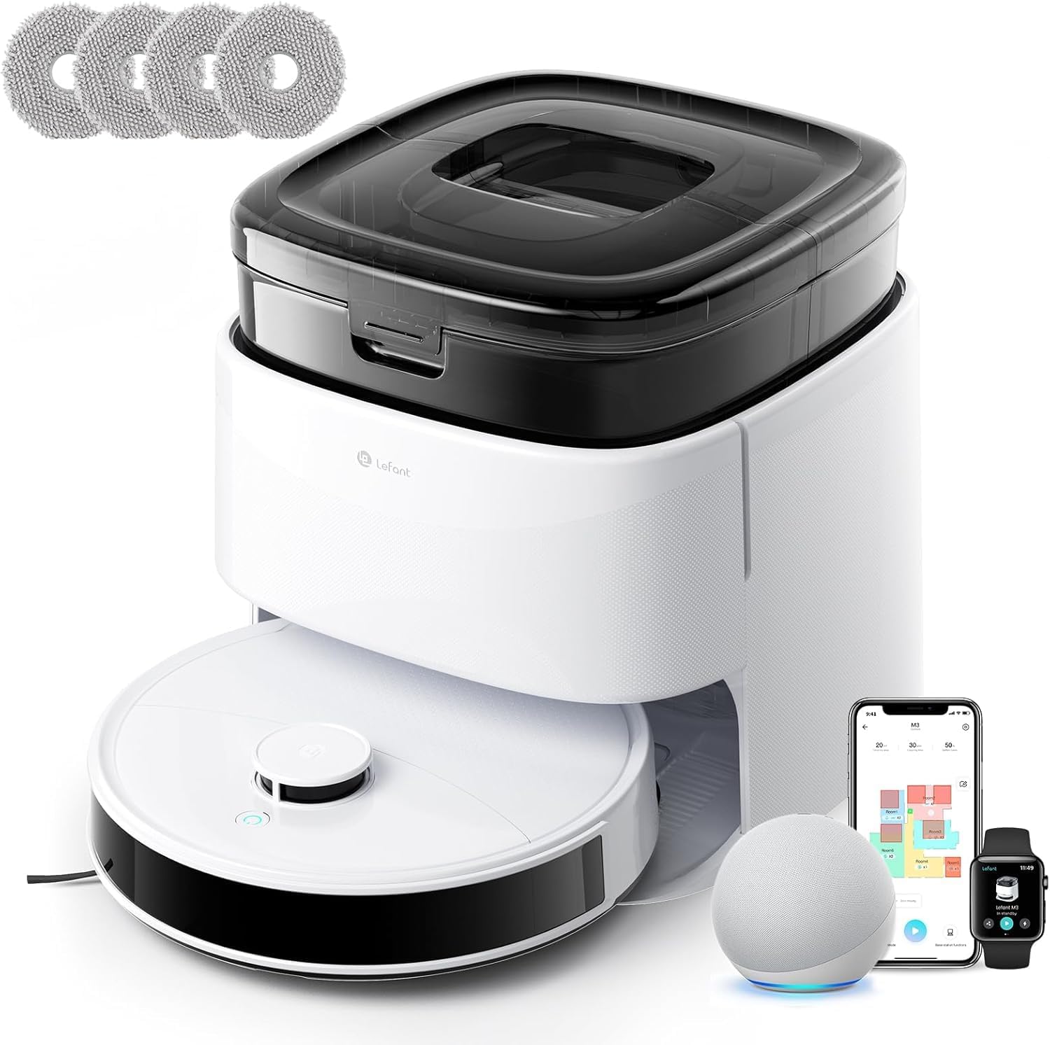 Lefant LiDAR Robot Vacuum and Mop, 15000Pa Suction, 90-Day Self-Emptying, Obstacle Avoidance, Auto Mop Washing&Drying, All-in-One for Pet Hair Carpet, 5G WiFi Alexa/APP/iWatch Control, M3