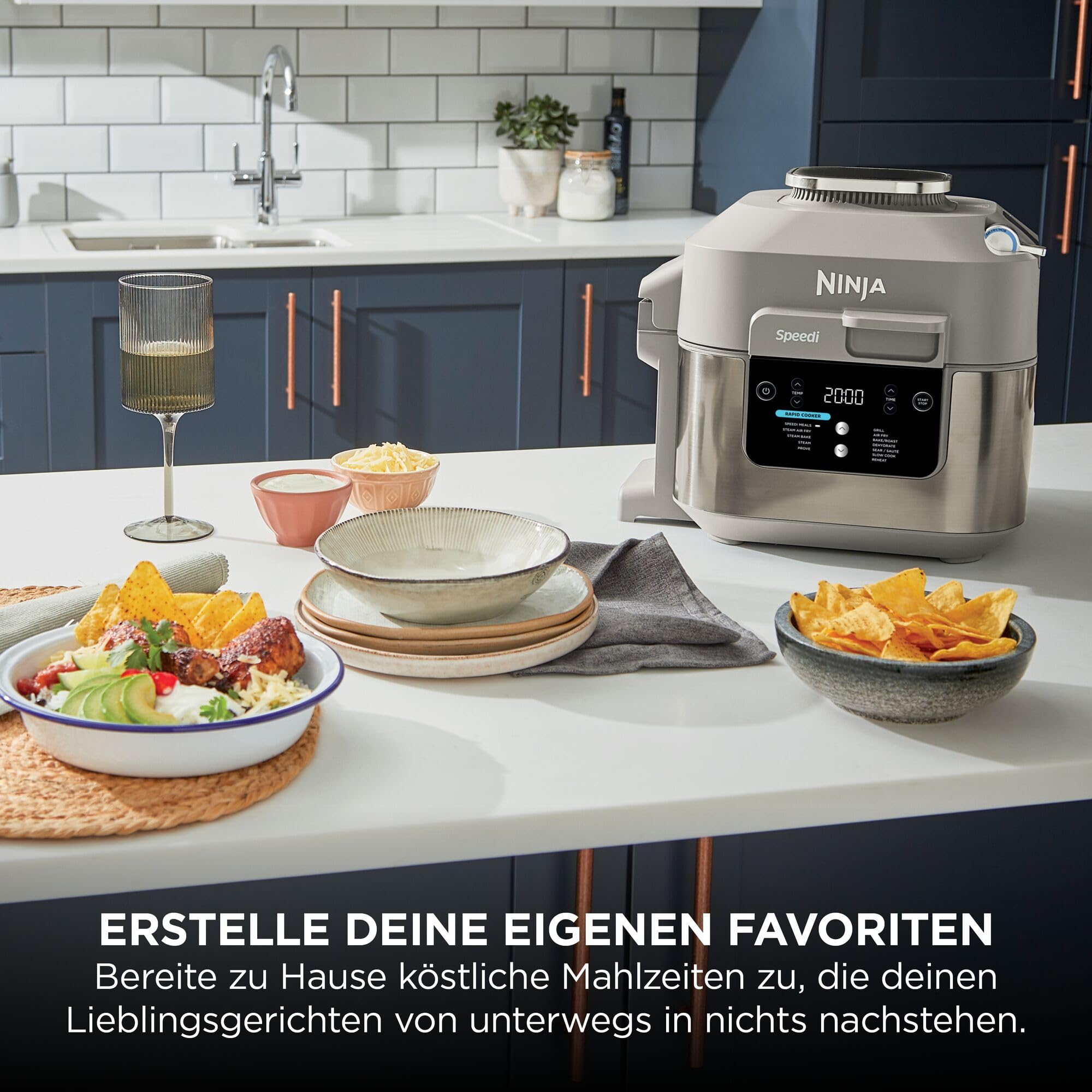 Multikocher und Heißluftfritteuse 5,7 l 12-in-1 mit Dampfgarfunktion Heißluft-Frittieren Backen Grillen Stone Gold