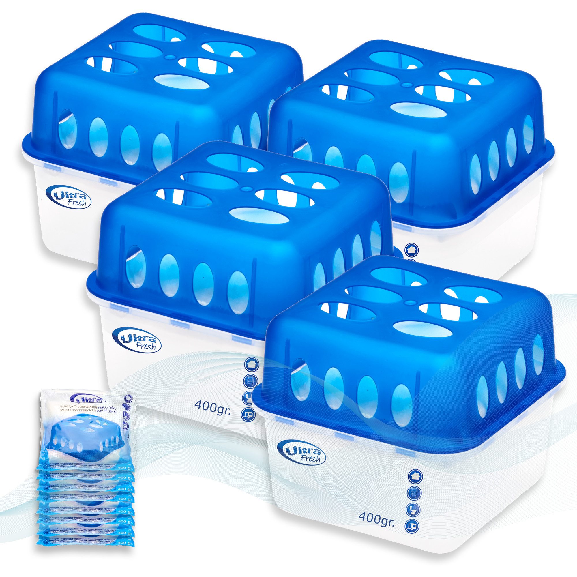 Granulat-Luftentfeuchter Luftentfeuchter 4er Set inkl. 8x 400gr Nachfüllgranulat ohne Strom