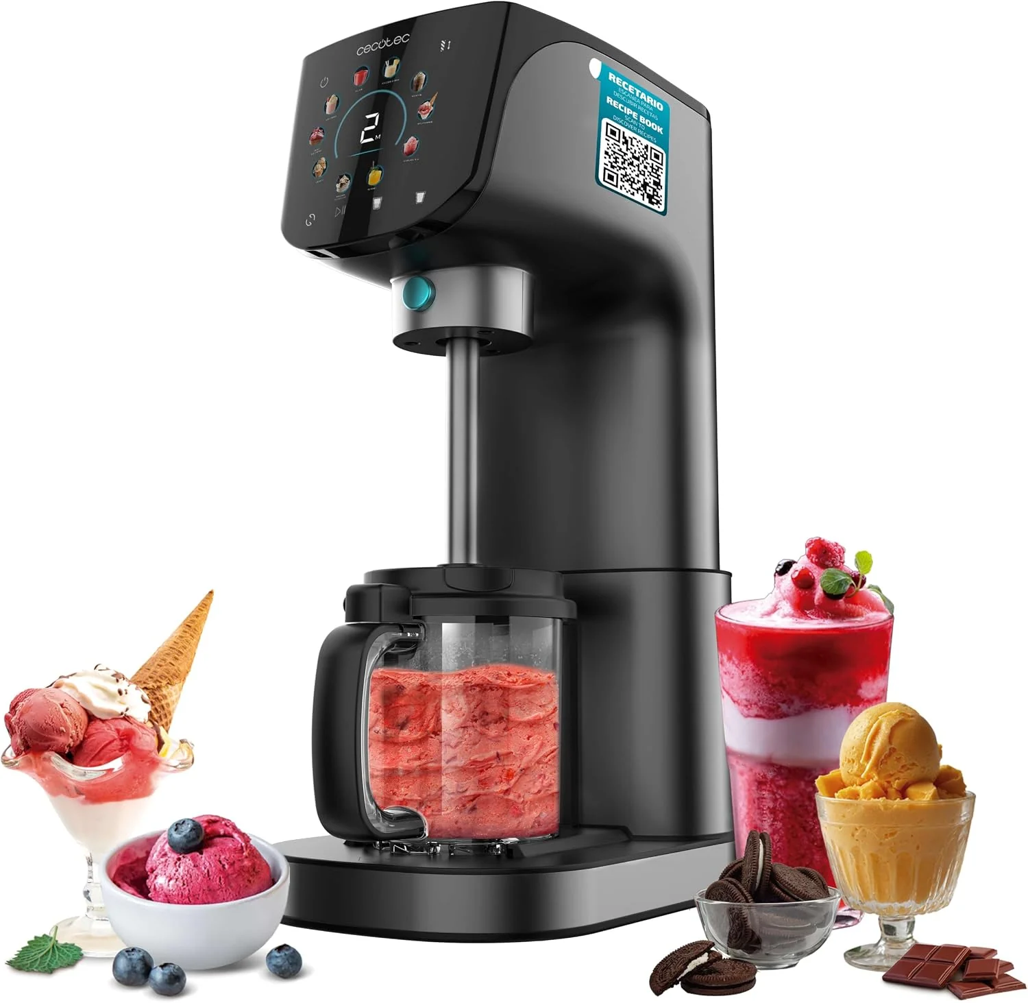 Cecotec Gelatec 2100 Multifunktions-Eismaschine, 500 W, Fassungsvermögen 2,1 l, 11 Programme für Eis und Granitgetränke, Touchscreen, 3 Becken