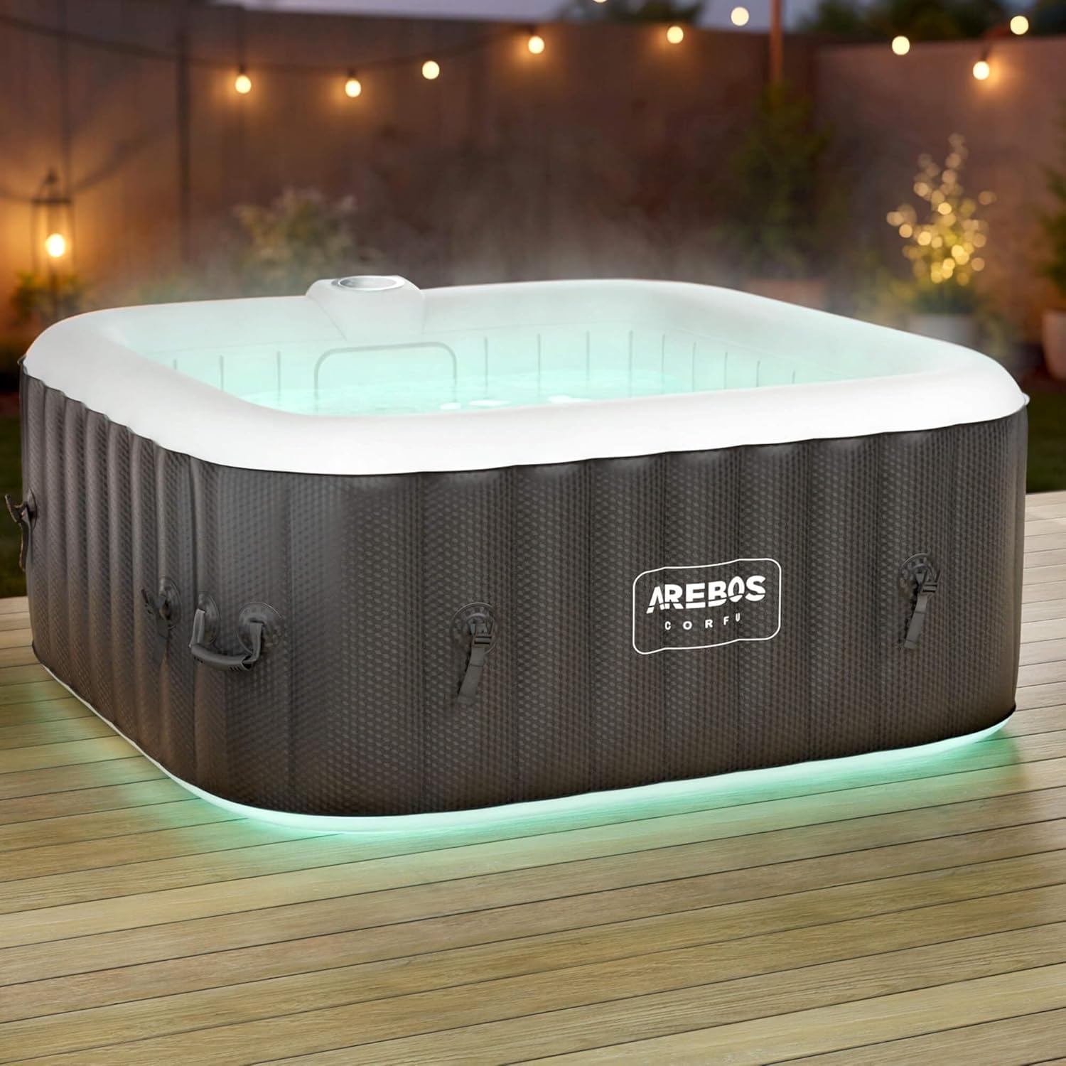 Arebos Whirlpool | 154 x 154 cm | mit LED-Beleuchtung | aufblasbar | quadratisch | In- & Outdoor | 4 Personen | 100 Massagedüsen | mit Heizung | 600 L | Inkl. Abdeckung | Bubble Spa & Wellness Massage