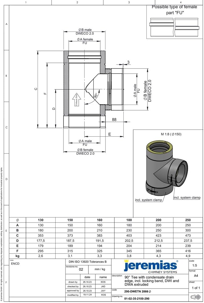 Jeremias DW-Black T-Anschluss 90° 200mm doppelwandig Edelstahl Abgasanlage für Öl Gas Festbrennstoffe
