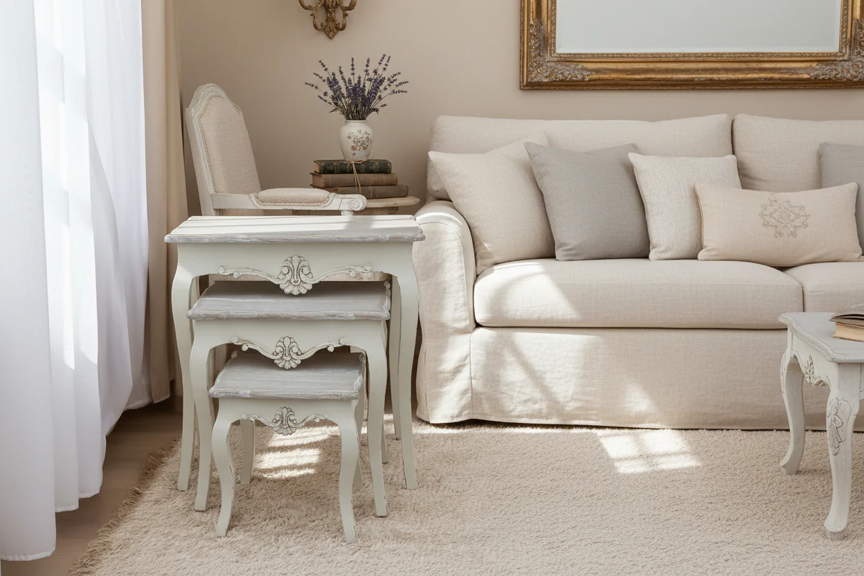 Louis Style Wooden Nest of Tables �C Natural Wood & Cream (Set of 3, 65/49/35cm)