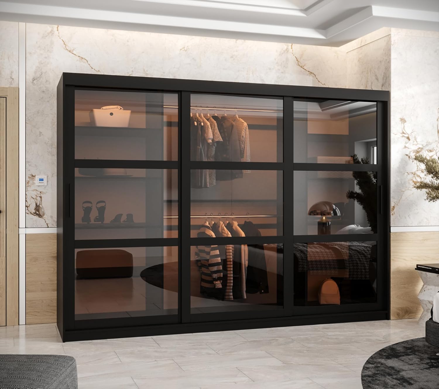 ABIKSMEBLE DOME Wardrobe with Three Sliding Doors, Bars and Shelves – Storage Cabinet with Smoked Glass for Bedroom, Living Room – 200 x 250 x 62 cm – Black, Black, Black