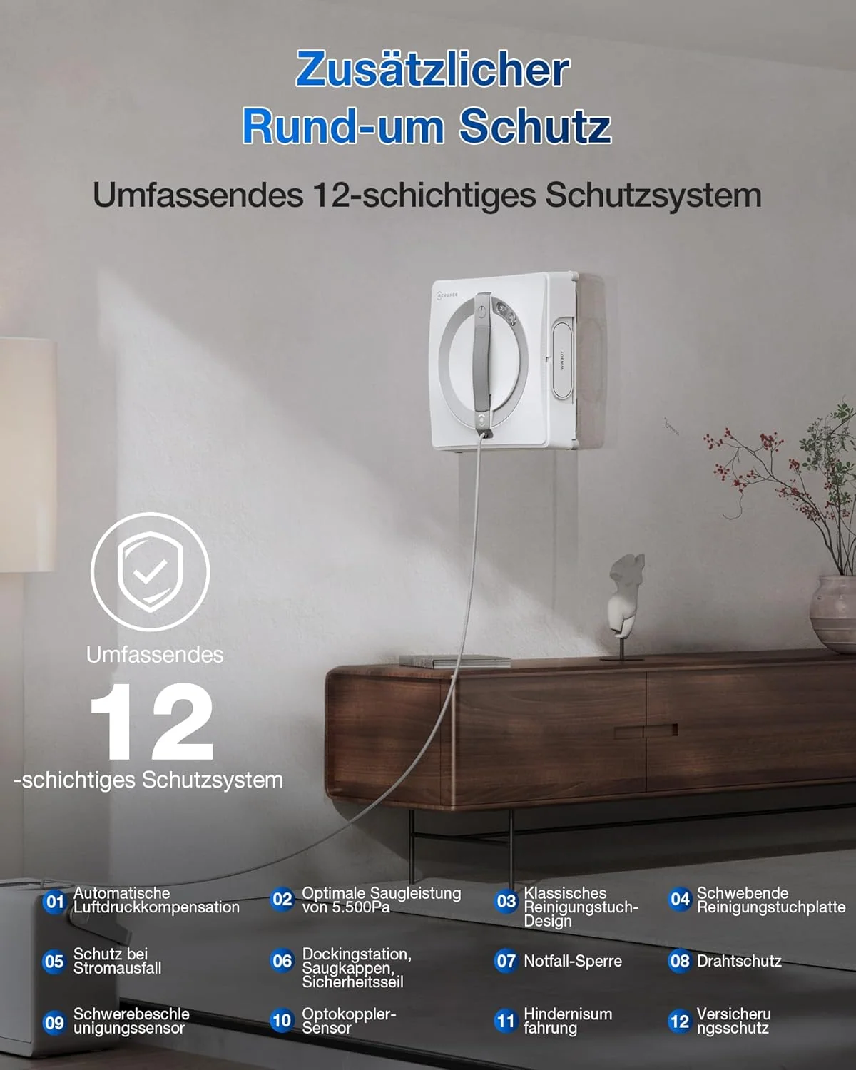ECOVACS WINBOT W2 PRO Omni Fensterputzroboter mit 6-in-1 Multifunktionsstation, Aufladen im Betrieb, 3-Düsen-Sprühkopf, 12-Stufen-Schutz, Win-SLAM 4.0 Pfadplanung, Weiß