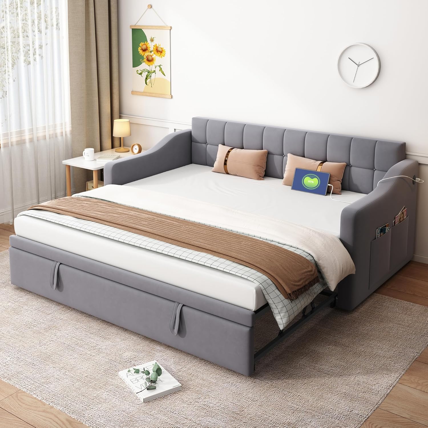 Divano Letto Estraibile 90/180 x 190 cm, Divano Letto Imbottito con Porta USB e Tasche Portaoggetti, Rete a doghe, Letto per Ospiti Tessuto in Velluto, Grigio