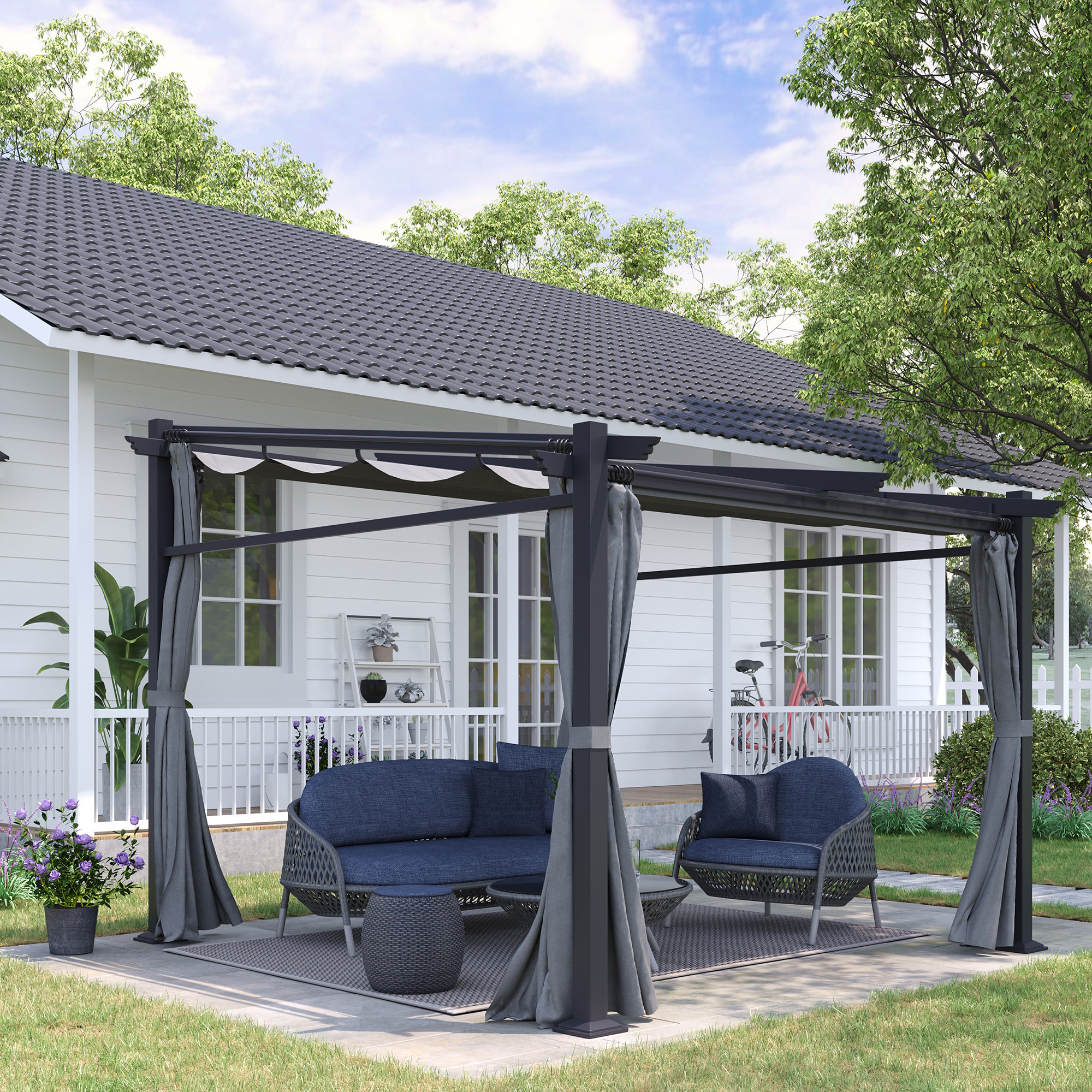 Outsunny Pergola, inklusive Befestigungsmaterial, ausziehbares Dach, 2.,97 m x 2,95 m x 2,3 m, Dunkelgrau