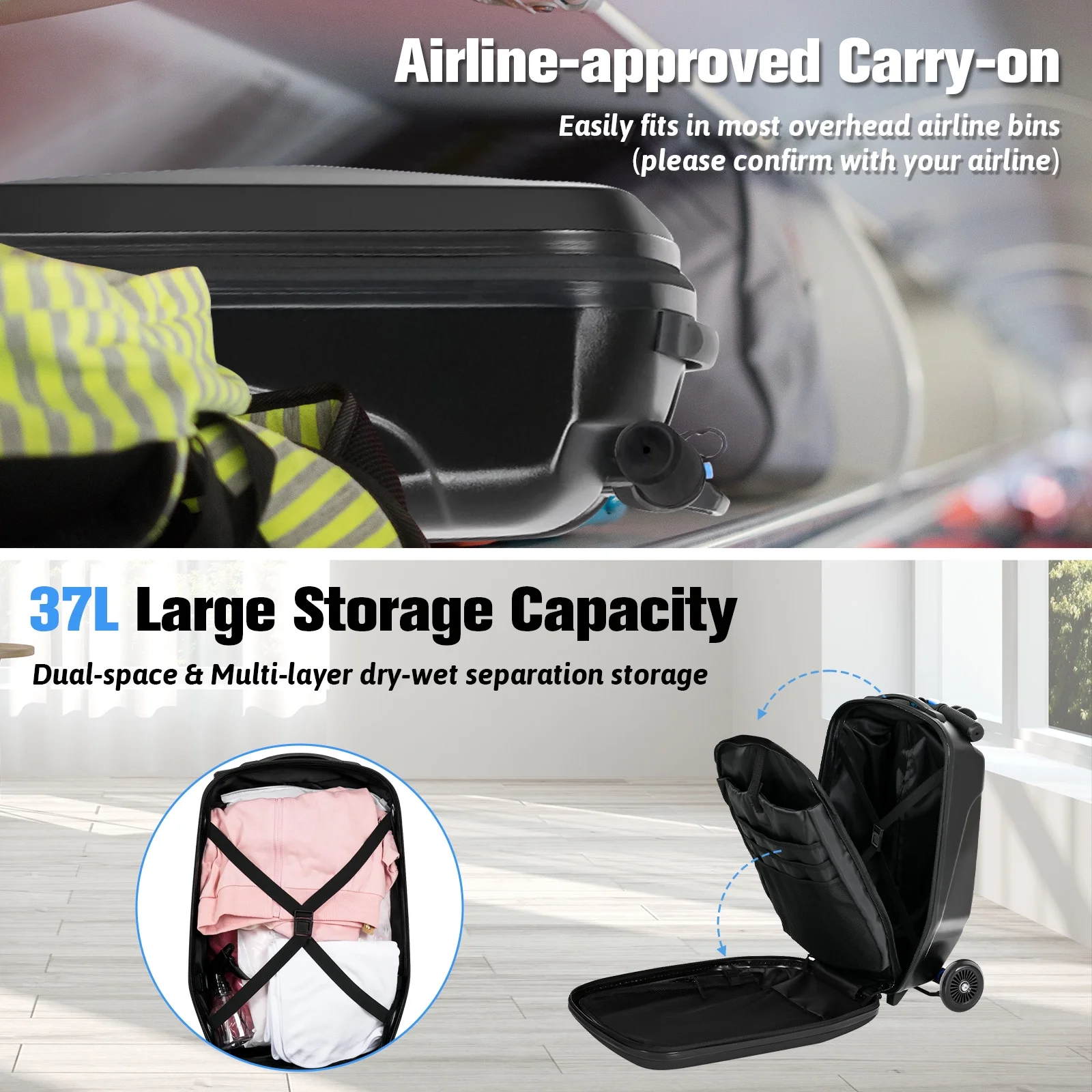 Advwin Scooter Luggage for Kids & Adults, Hardside Ride on Suitcase for Kids Ages 4-15 Multifunctional Lightweight Foldable Carry on Luggage with Wheels Ride on for Children Teenagers, Pink
