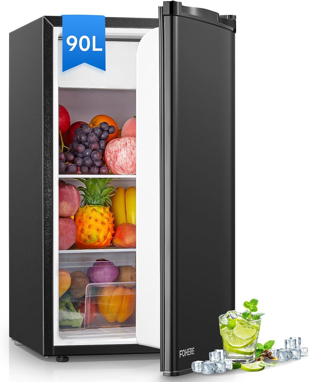 FOHERE Frigorifero Piccolo 91L MonoPorta Reversibile con Congelatore, Termostato Regolabile, Silenzioso, Scomparto per Verdure, Mini Frigo da Ufficio, Camera, Nero