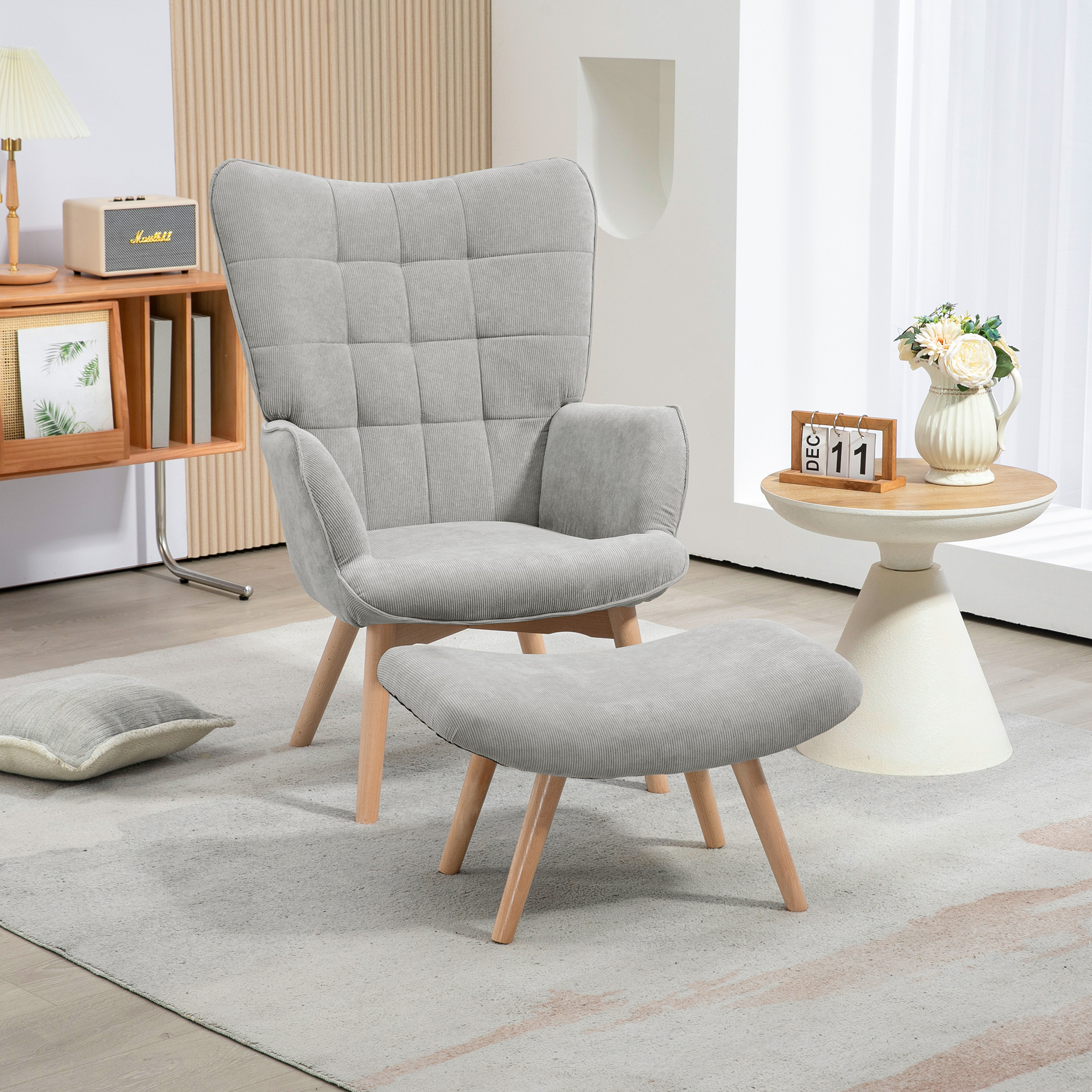 HOMCOM Akzentsessel mit Hocker, Relaxsessel in Cord-Optik, Armlehnstuhl mit Holzbeinen, für Wohnzimmer, Grau