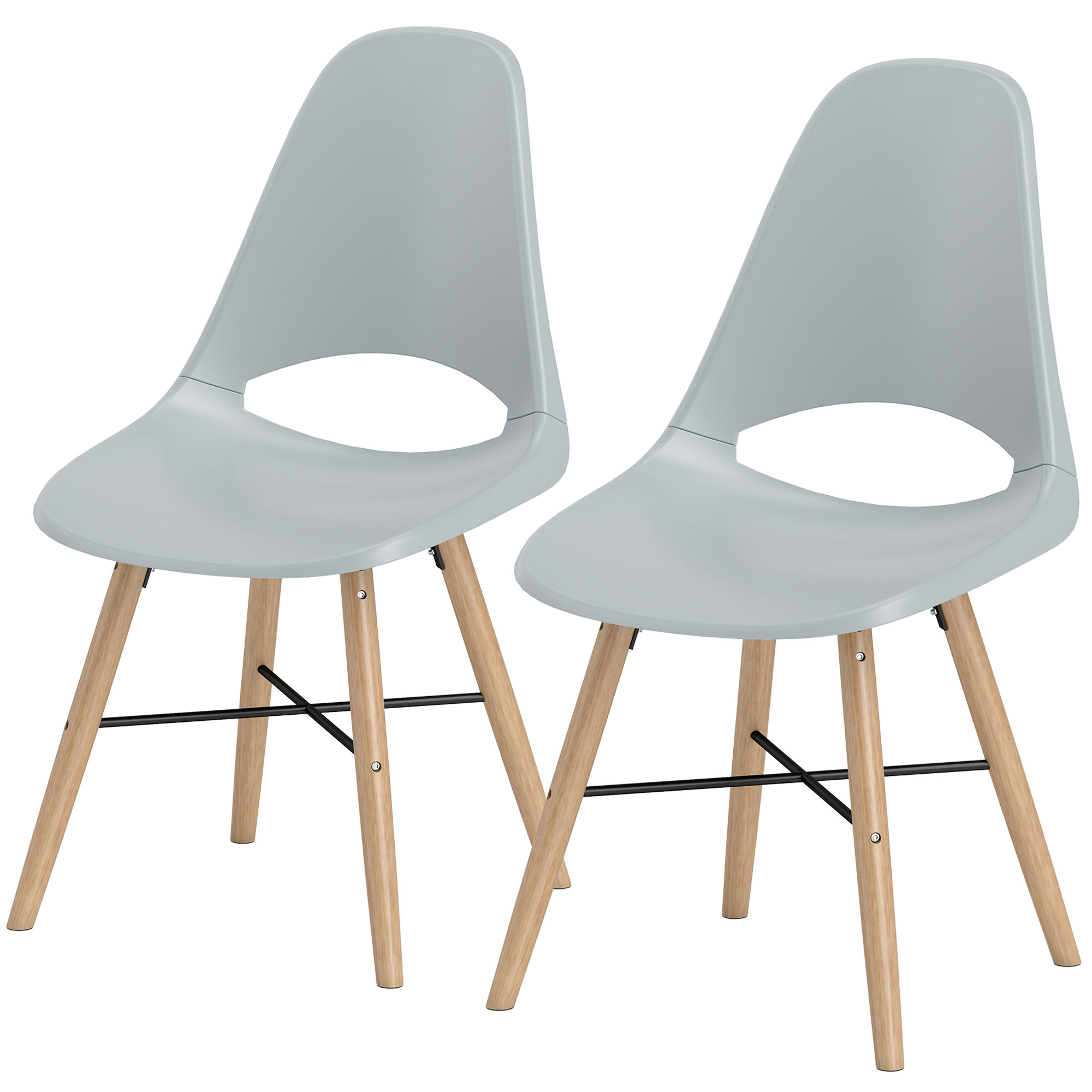 HOMCOM Set von 2 Esszimmerstühlen aus Kunststoff und Kautschukholz im skandinavischen Stil mit gebogenem Rücken, Grau