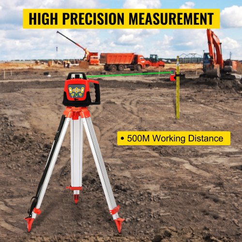 VEVOR Professional Rotationslaser max. Arbeitsbereich 500 m grün, Linienlaser 360 Grad Laser höhenmesser Wasser- und staubdicht Außenbereich Arbeitszeit 20 Stunden mit Stativ & Herrscher Elektrik