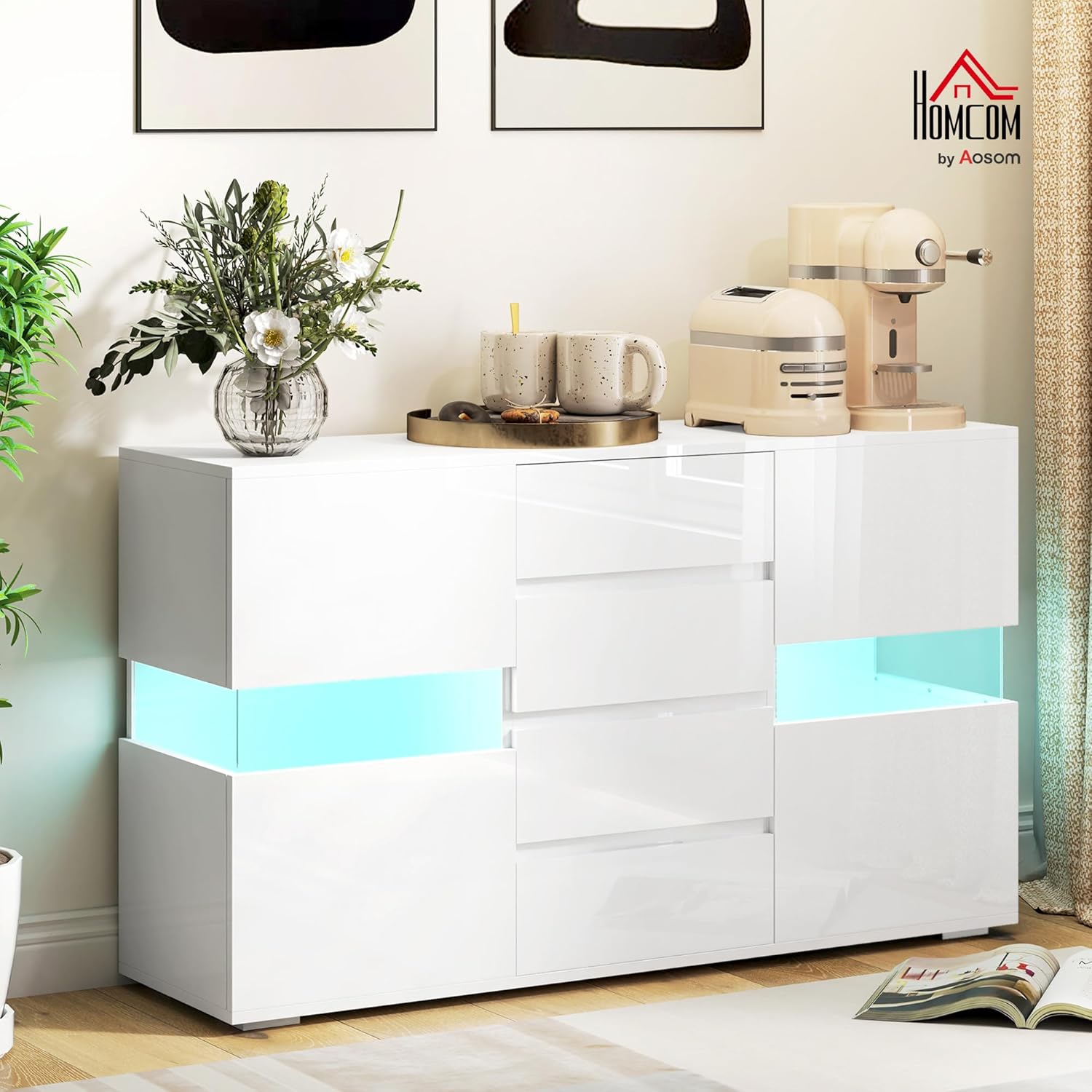 HOMCOM Credenza Moderna con Luce LED Regolabile con Telecomando, Mobile da Salotto con 4 Cassetti e 2 Armadietti, 120x34x70 cm, Bianco