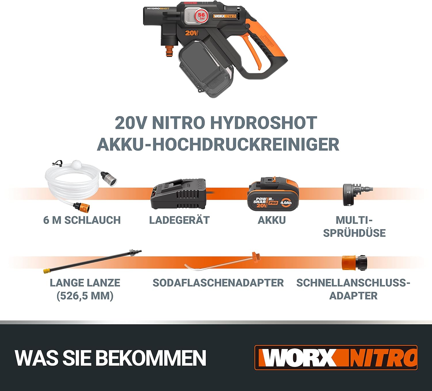 WORX WG633E Hydroshot Akku-Hochdruckreiniger 20V - 56 Bar Max. Druck - multifunktional zur Reinigung & Bewässerung - leistungsstarker bürstenloser Motor - 5-in-1 Druckdüse - inkl. 4Ah Akku & Ladegerät