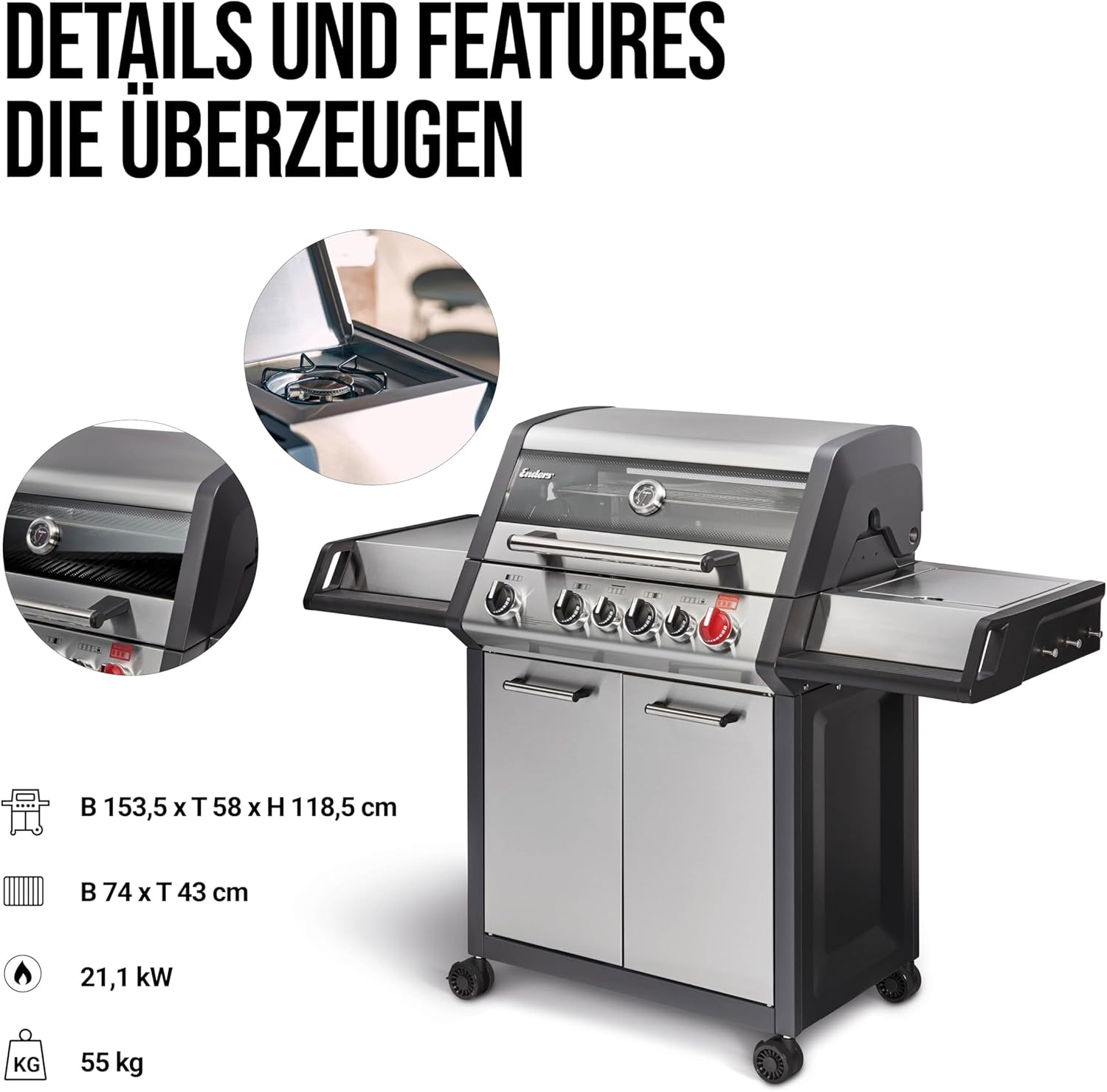 Enders® Gasgrill MONROE PRO 3 SIK TURBO, 3-Edelstahlbrenner, Seitenkocher, Infrarot-Backburner, PanoVision Sicht, HEAT RANGE™-Brenner, SWITCH GRID™, 800 °C TURBO ZONE™, SIMPLE CLEAN™ #8376