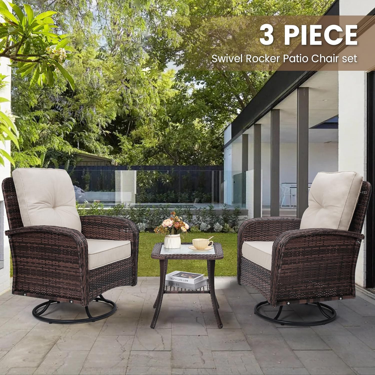 Luxury Outdoor Swivel Wicker Glider Patio Chairs with Table Set  Overstuffed Washable Cushions  Ideal for Porch  Balcony  Deck  Brown Rattan and Beige Cushion