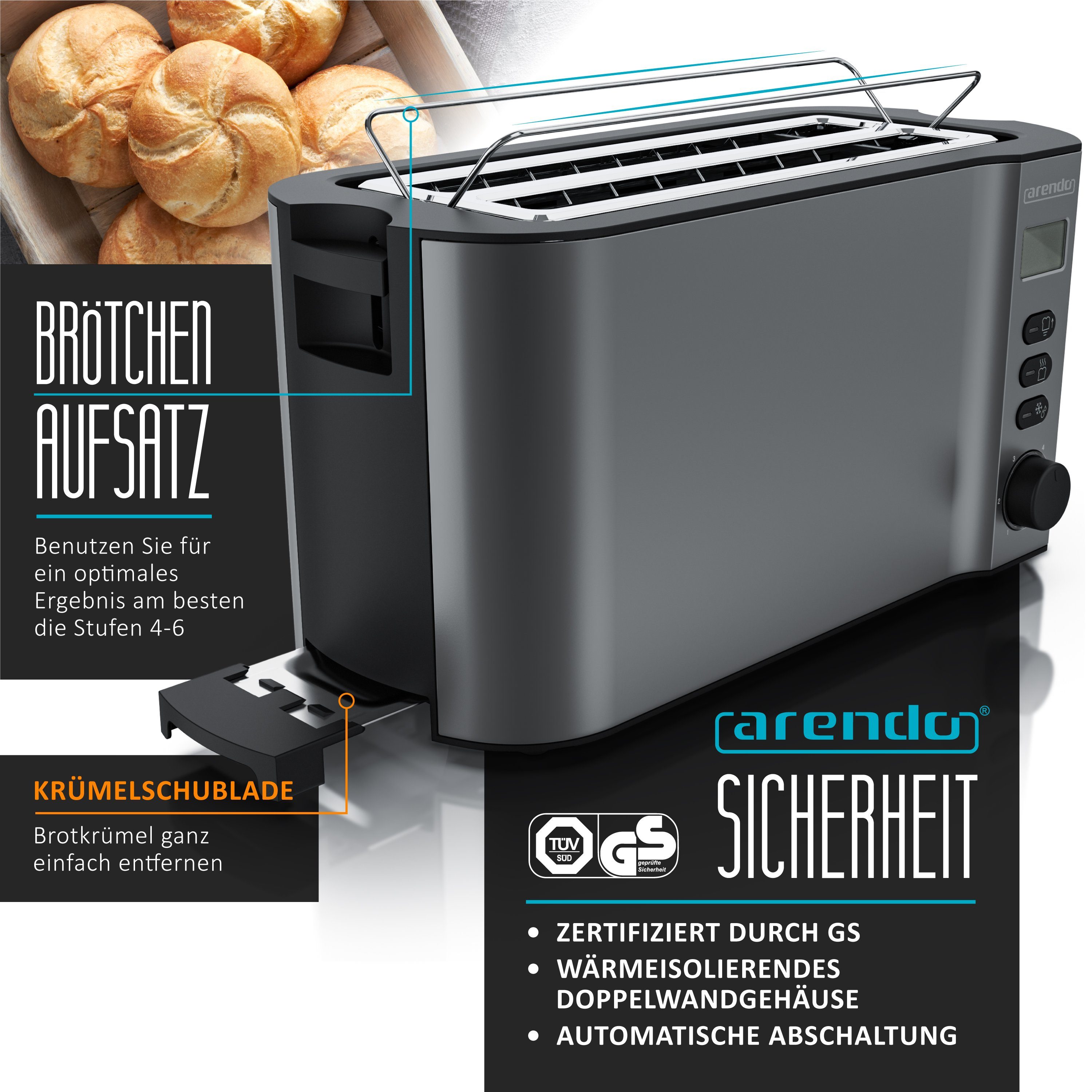 Toaster Langschlitz, Edelstahl, Display mit Restzeitanzeige, Krümelschublade