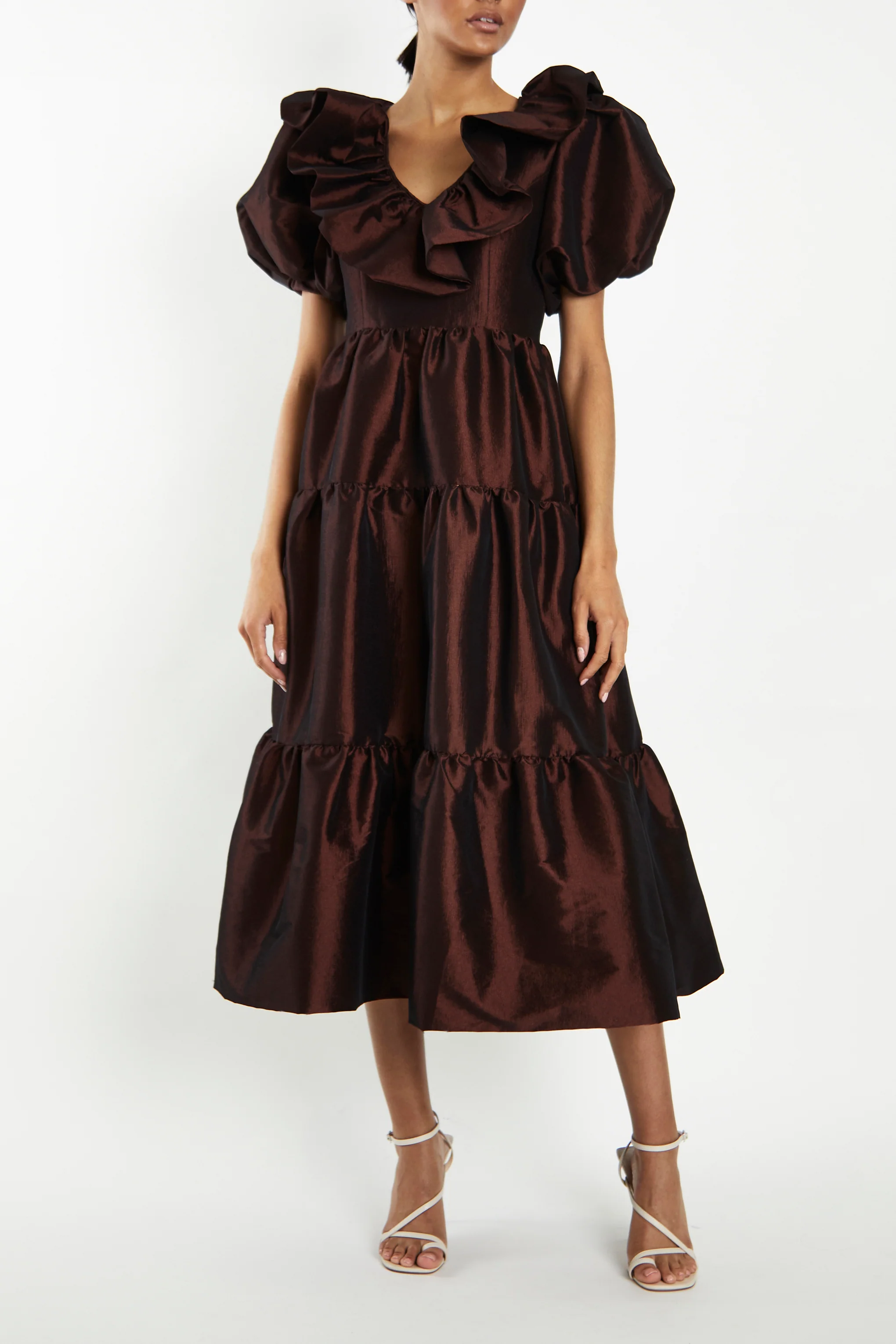 Althia Chocolate Taffeta Tiered Midaxi Dress