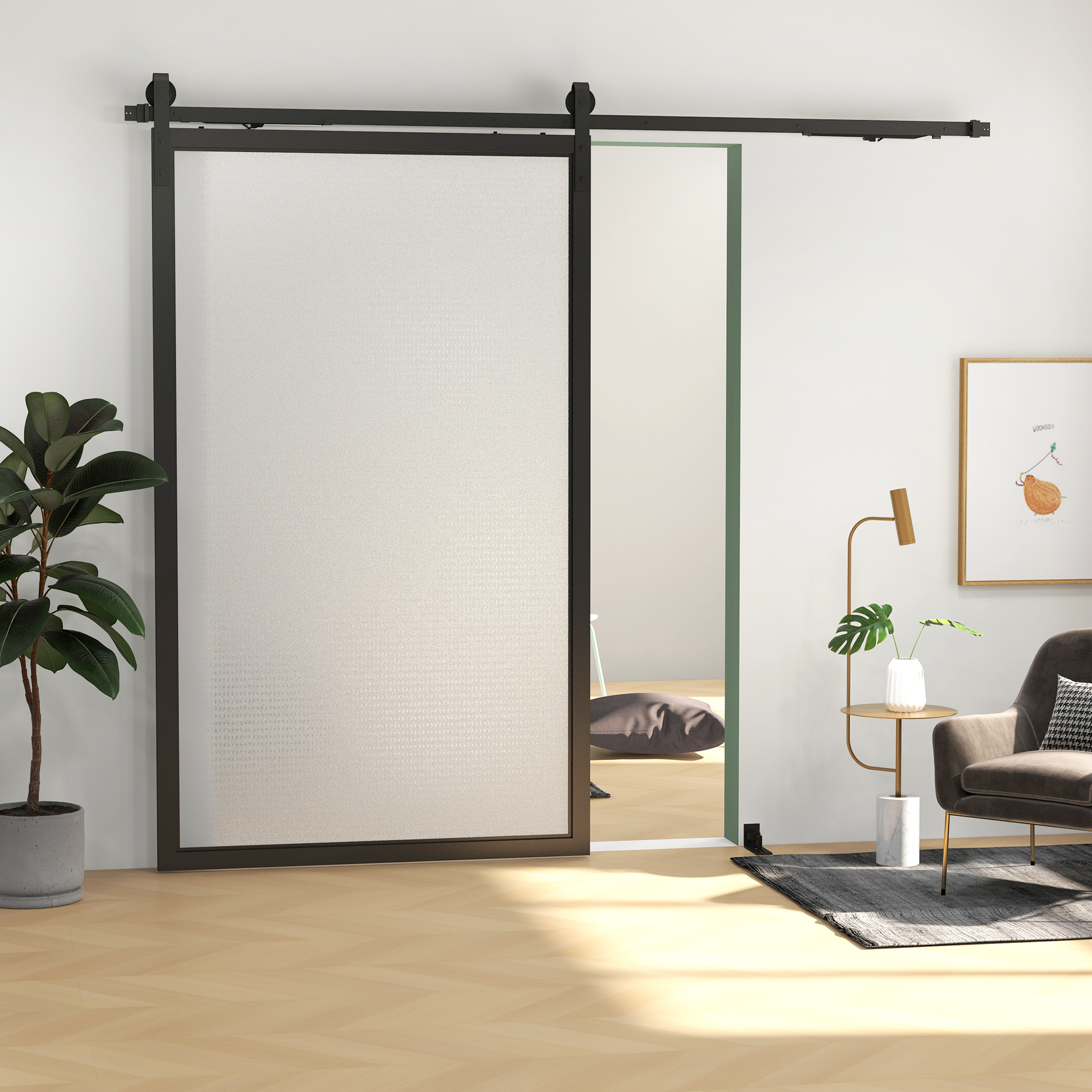 Schuifdeurset, stil & soepel, voor hout- & cementmuren, 244cm, Staal, Zwart
