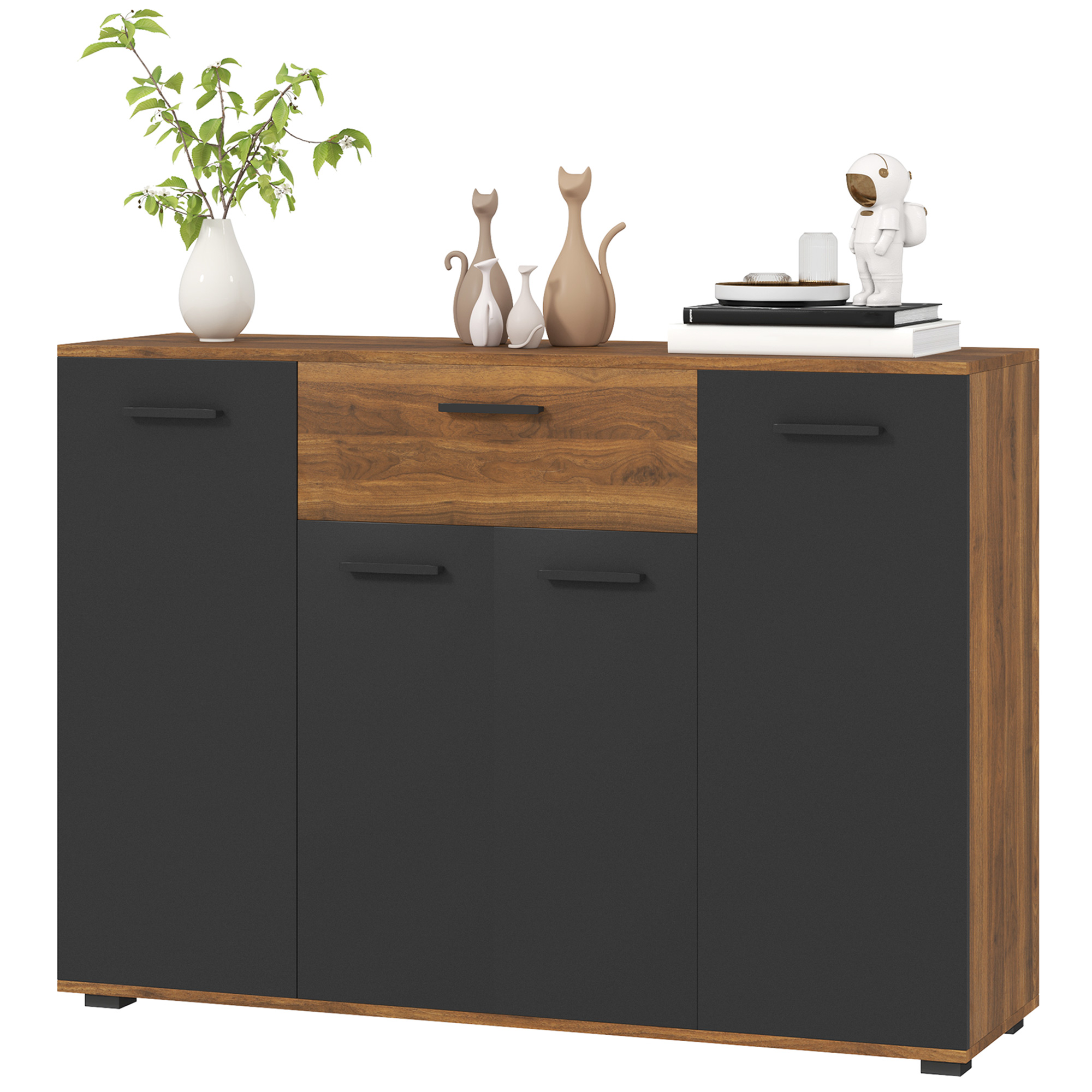 HOMCOM Buffet Wohnzimmerschrank Aufbewahrungsmöbel mit 4 Schränken, Schubladen und verstellbaren Regalen, Maße 120 x 35 x 85 cm, Braun und Schwarz