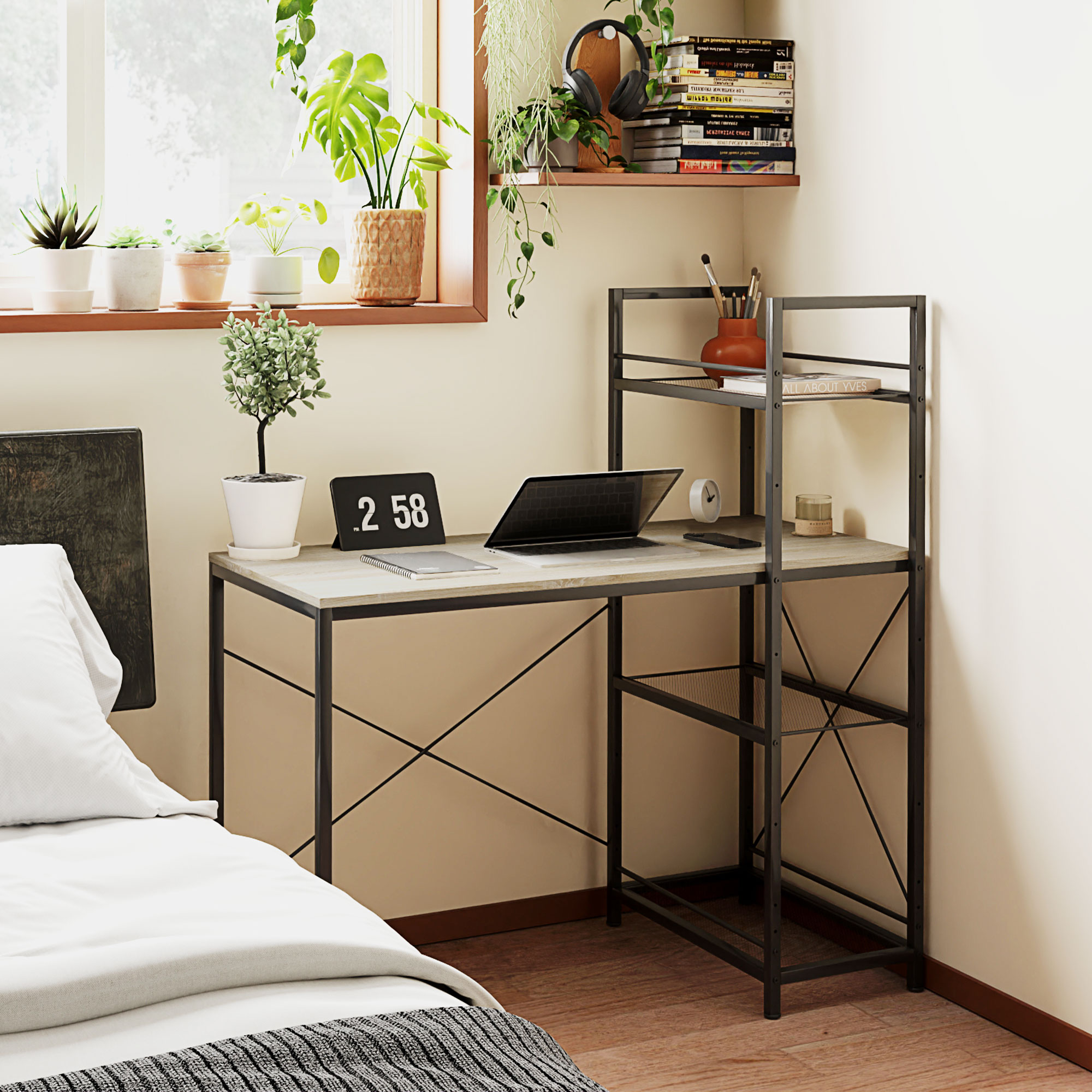 HOMCOM Computertisch mit umkehrbarem 4-stufigem Regal Computertisch Stahlrahmen 110 x 53 x 115,5 cm Eiche Schwarz