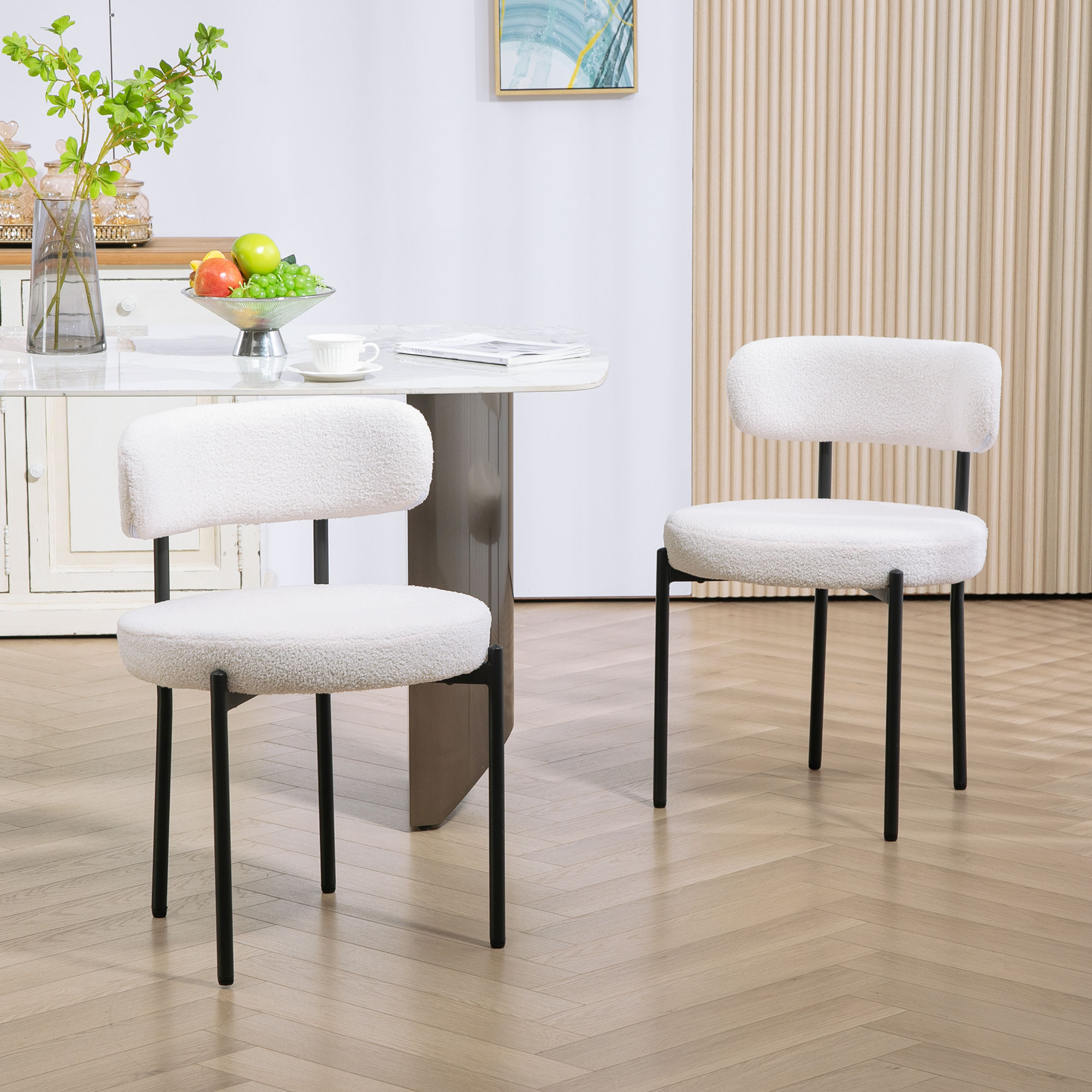 HOMCOM 2er-Set Esszimmerstühle, Fleece-Polsterung, Stühle mit Polstersitz, Metallbeine, Cremeweiß