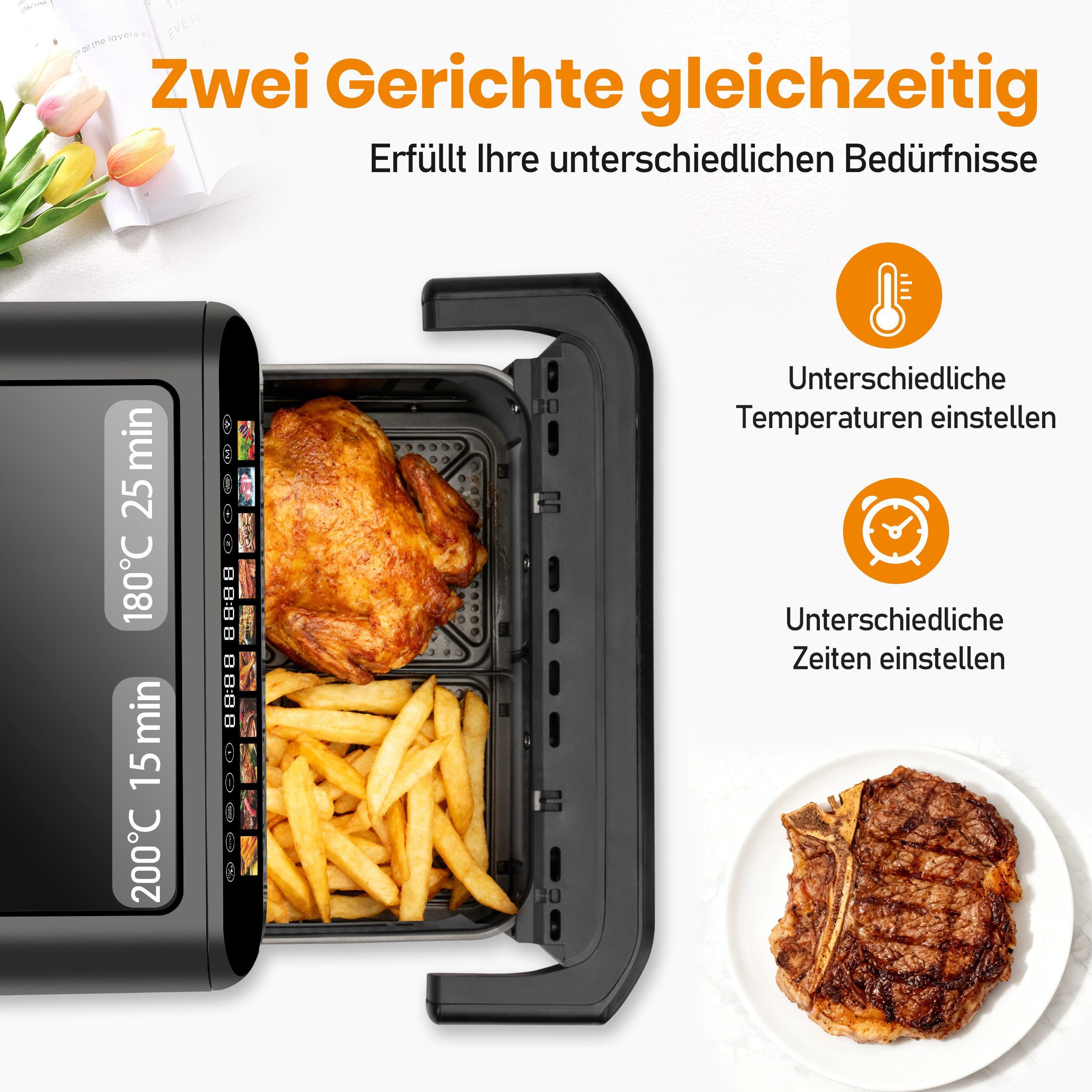 Heißluftfritteuse 10 L Doppelkammer Airfryer – Doppelbehälter-Modus mit unabhängiger Steuerung