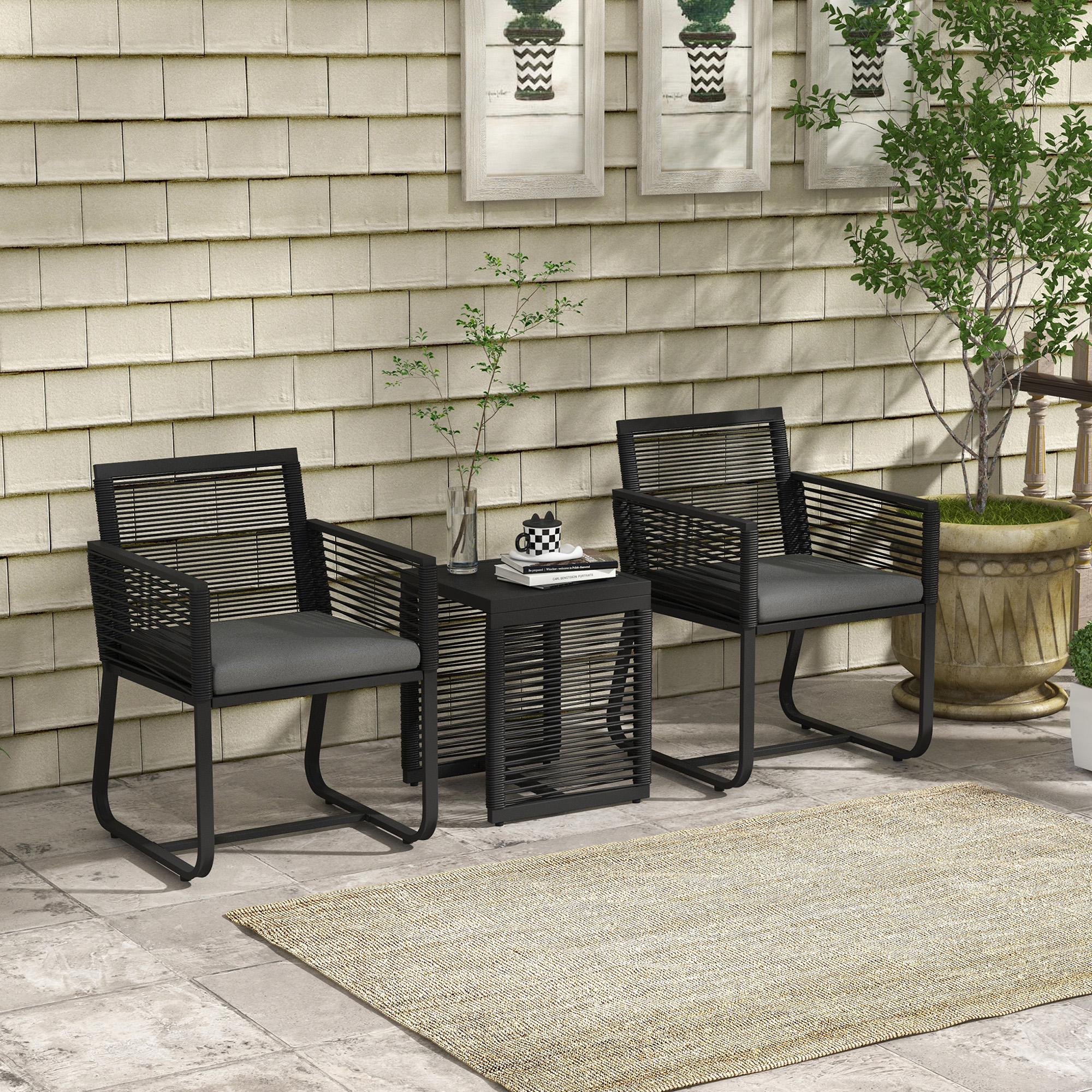 Outsunny 3-teiliges Bistro-Set Balkon-Set Terrassen-Set, wetterbeständig, modernes Design, 53 cm x 57 cm x 77 cm, Schwarz + Grau